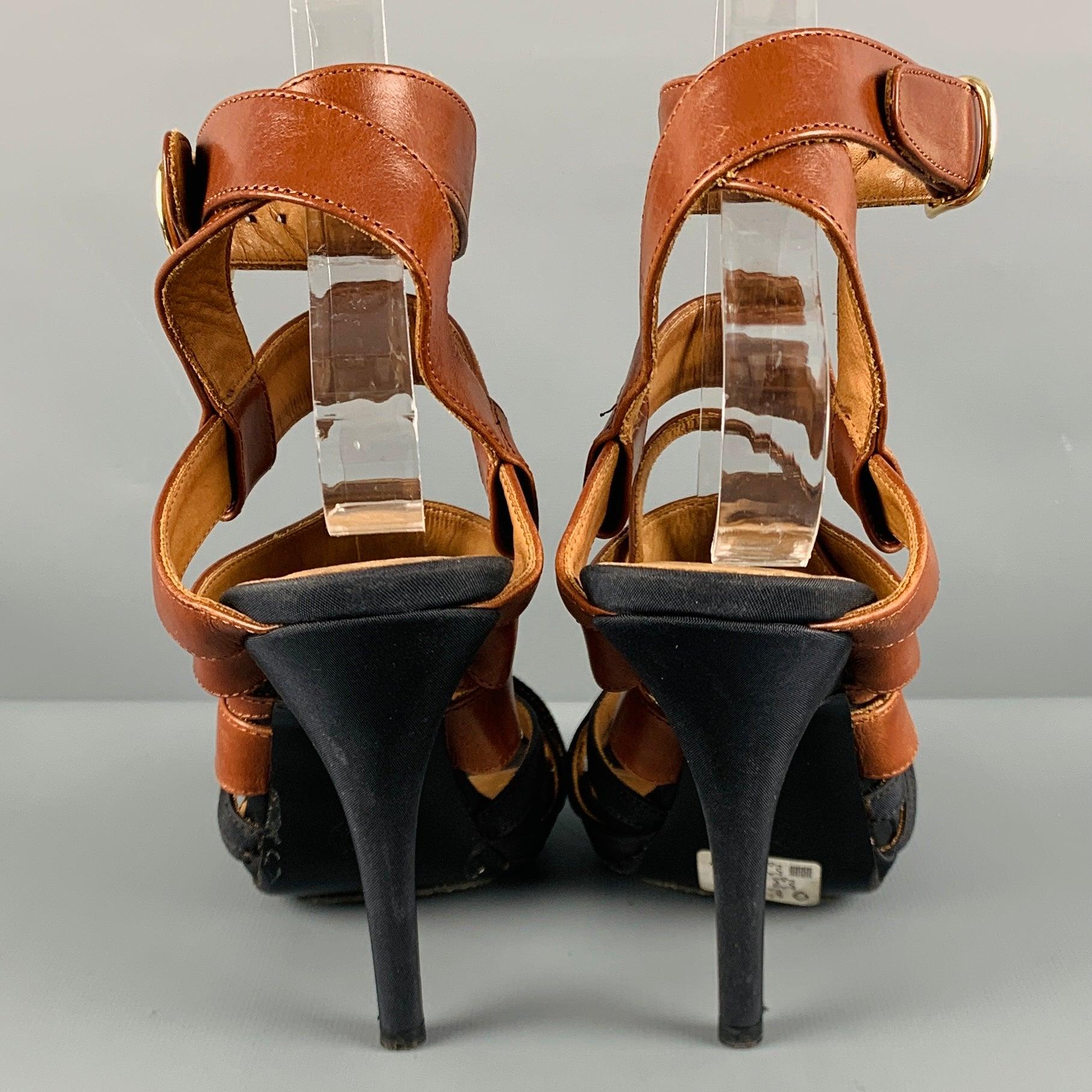 DRIES VAN NOTEN Size 8 Brown Black Leather Strappy Sandals In Excellent Condition For Sale In San Francisco, CA