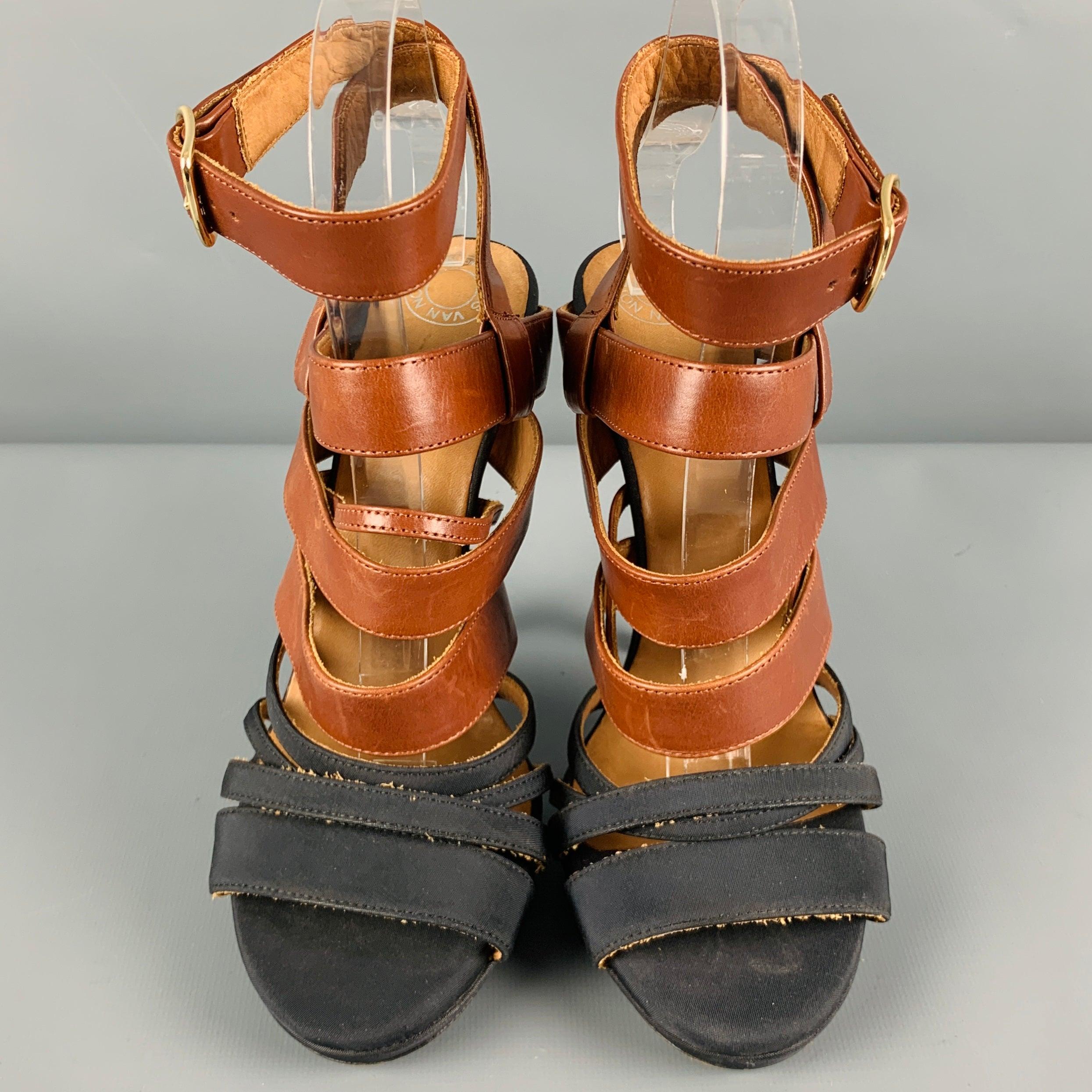 Women's DRIES VAN NOTEN Size 8 Brown Black Leather Strappy Sandals For Sale