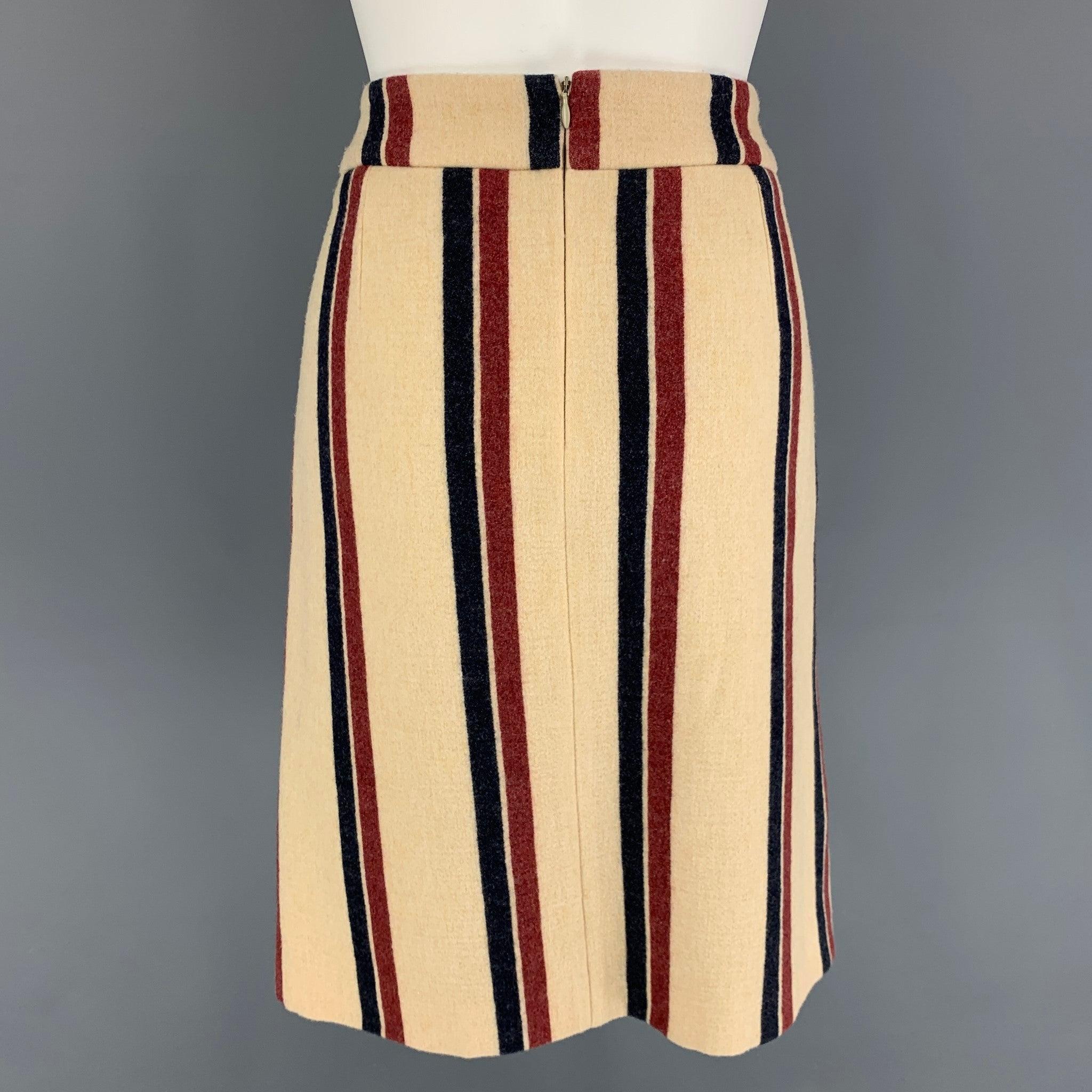 DRIES VAN NOTEN Size 8 Cream Red Navy Wool Polyamide Stripe Pencil Skirt In Good Condition For Sale In San Francisco, CA