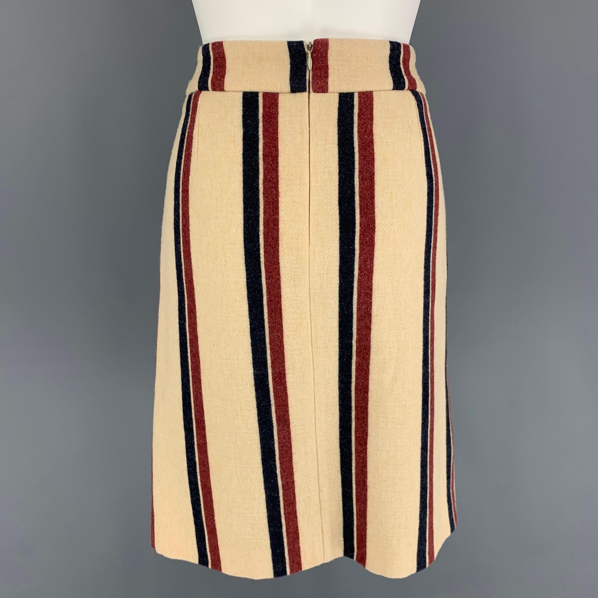 White DRIES VAN NOTEN Size 8 Cream Red Navy Wool Polyamide Stripe Pencil Skirt