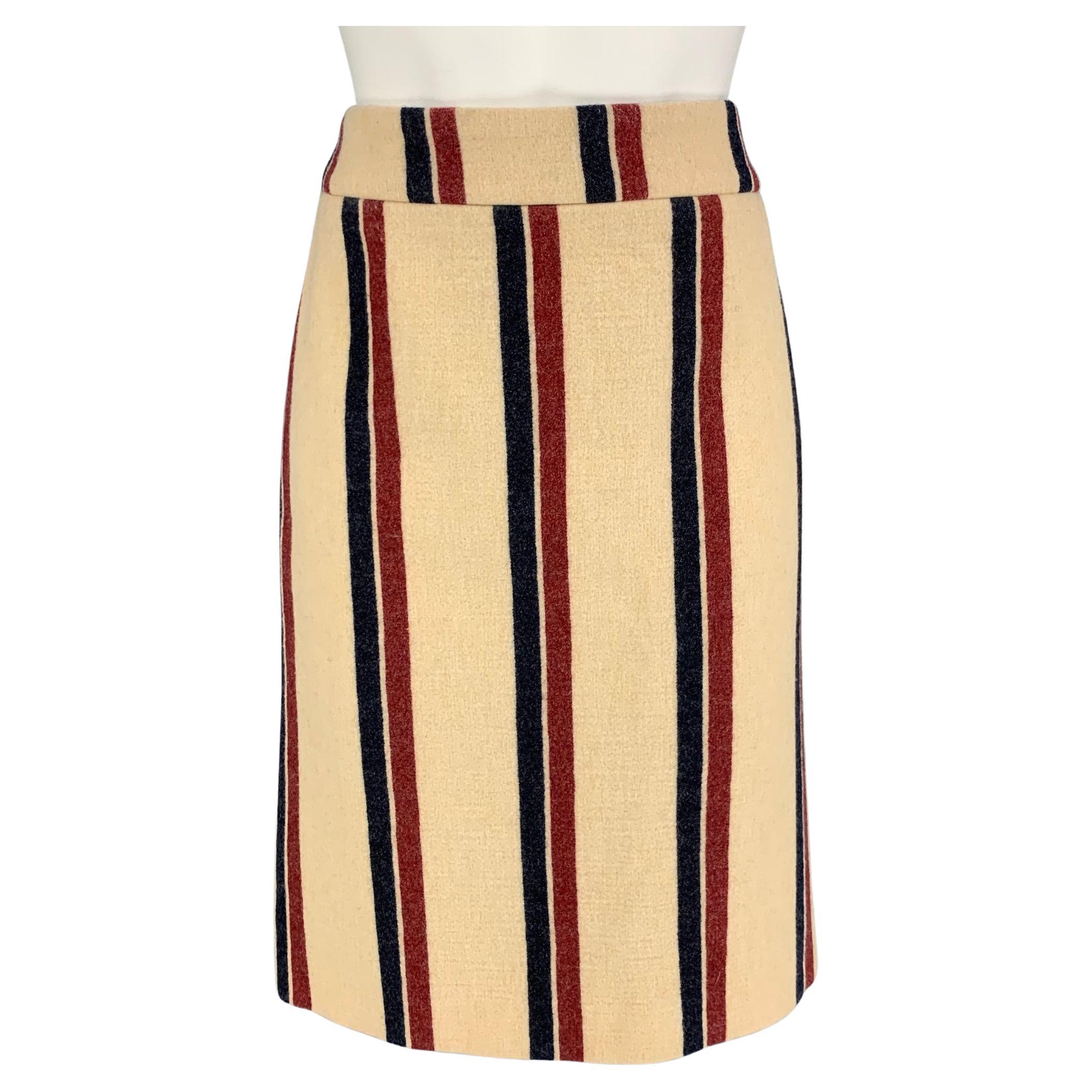 DRIES VAN NOTEN Size 8 Cream Red Navy Wool Polyamide Stripe Pencil Skirt