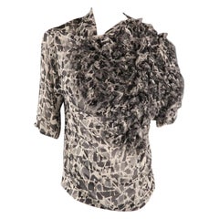 DRIES VAN NOTEN Size 8 Grey Print Silk Fringe Applique Asymmetrical Blouse DRIES VAN NOTEN Size 8 Grey Print Silk Fringe Applique Asymmetrical Blouse