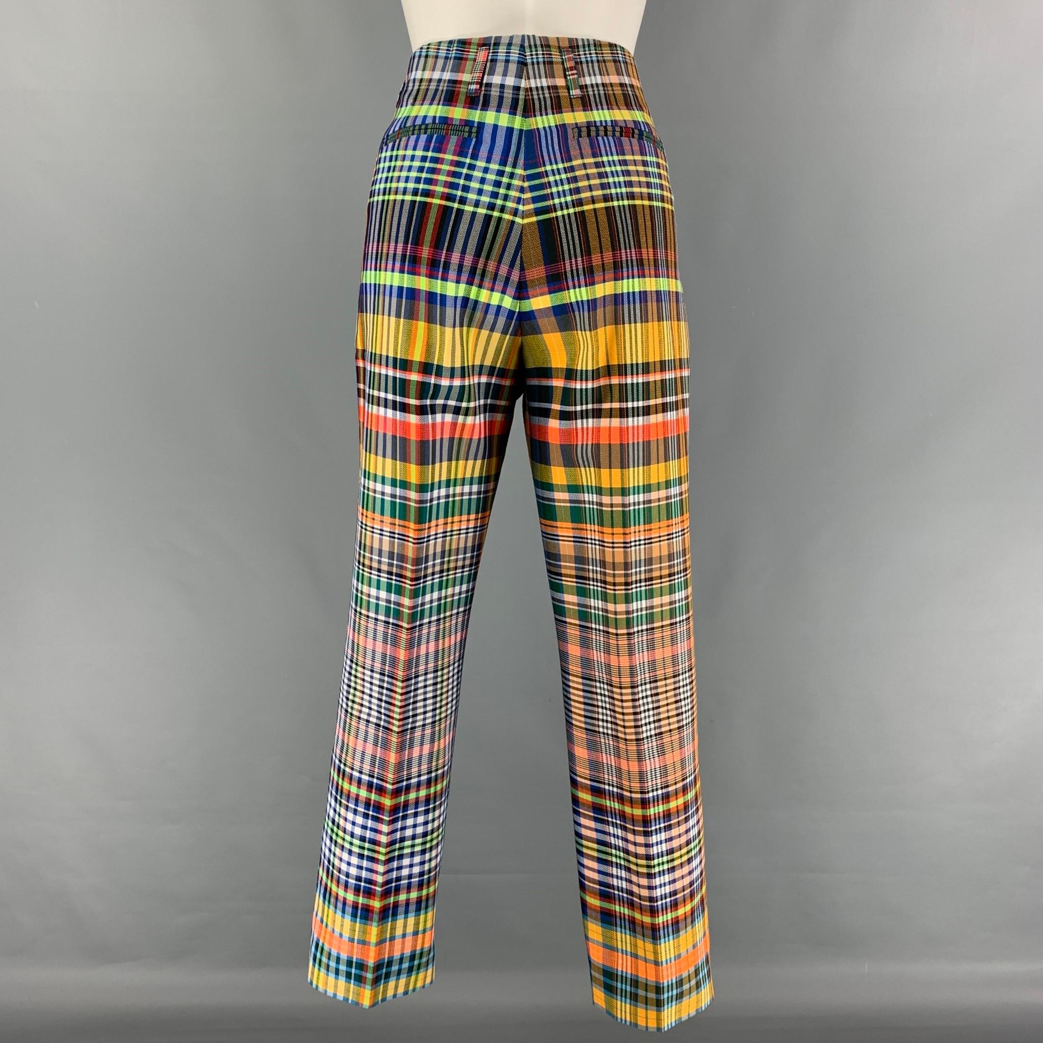 DRIES VAN NOTEN dress pants comes in a multi-color jacquard polyester / cotton featuring a high waist, front tab, and a zip fly closure. 

Excellent Pre-Owned Condition.
Marked: 40

Measurements:

Waist: 32 in.
Rise: 10 in.
Inseam: 29 in. 