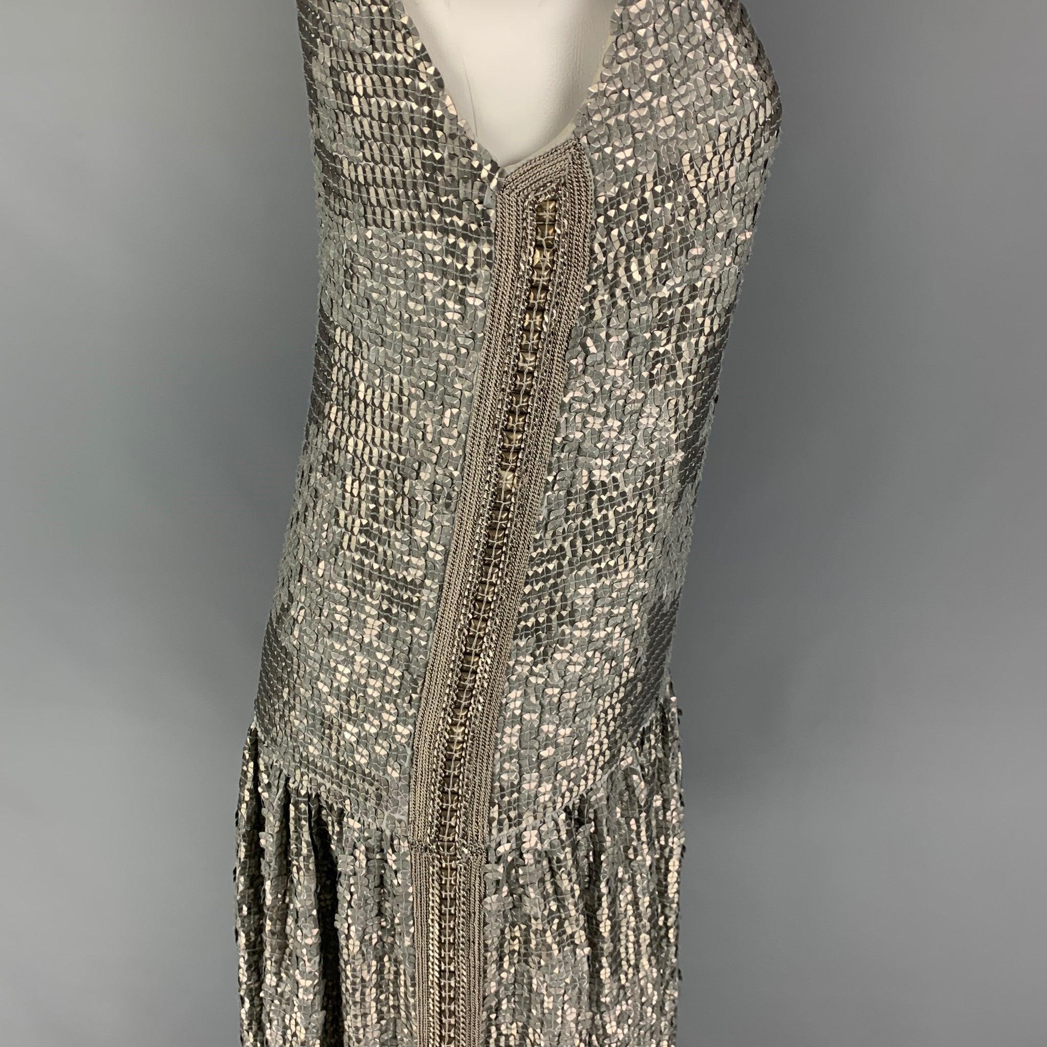 DRIES VAN NOTEN Size 8 Silver Silk Sequined Shift Dress In Good Condition For Sale In San Francisco, CA