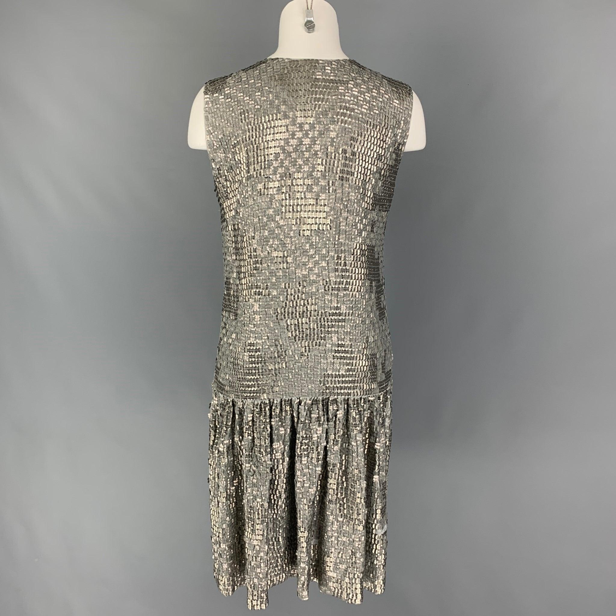 Women's DRIES VAN NOTEN Size 8 Silver Silk Sequined Shift Dress For Sale