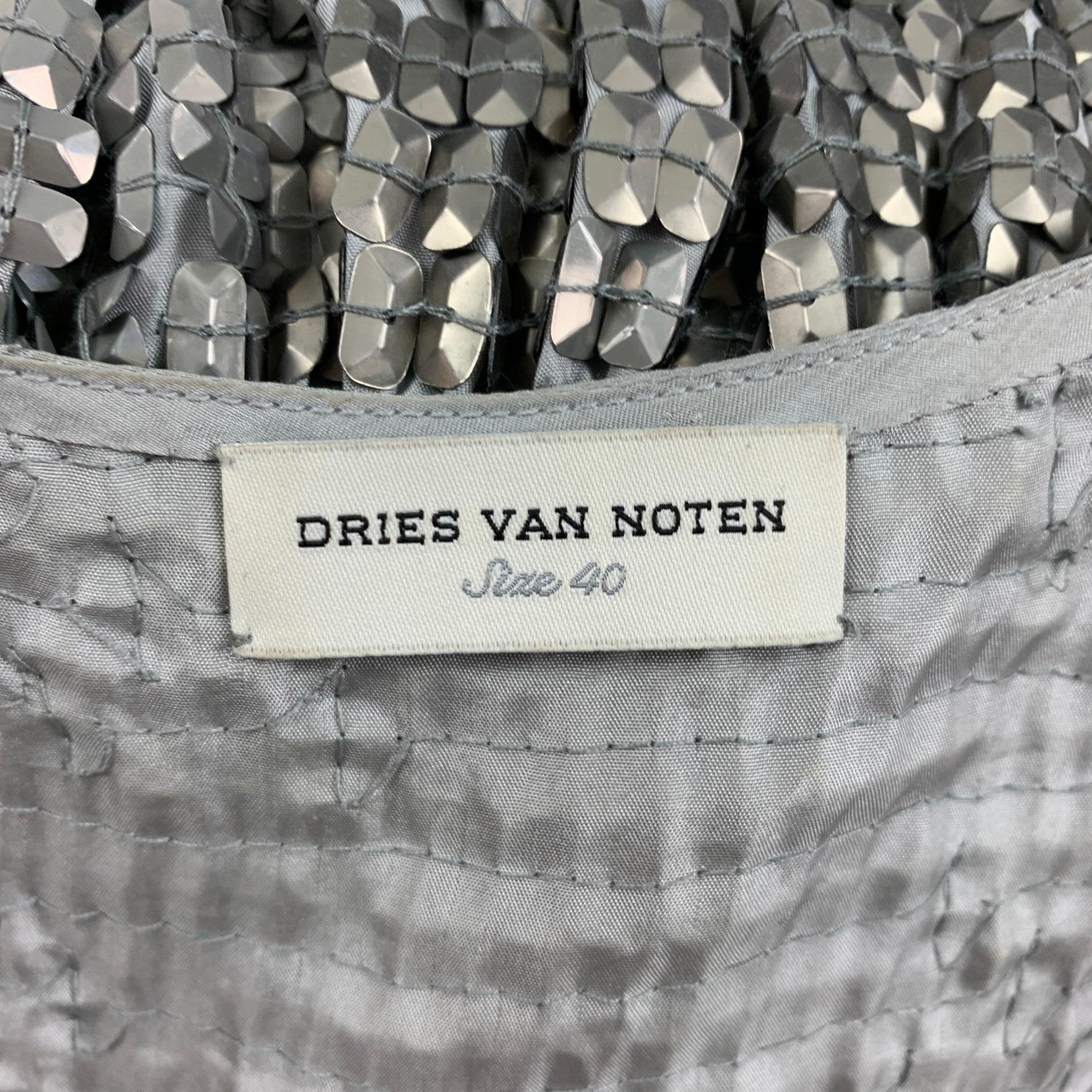 DRIES VAN NOTEN Size 8 Silver Silk Sequined Shift Dress For Sale 2