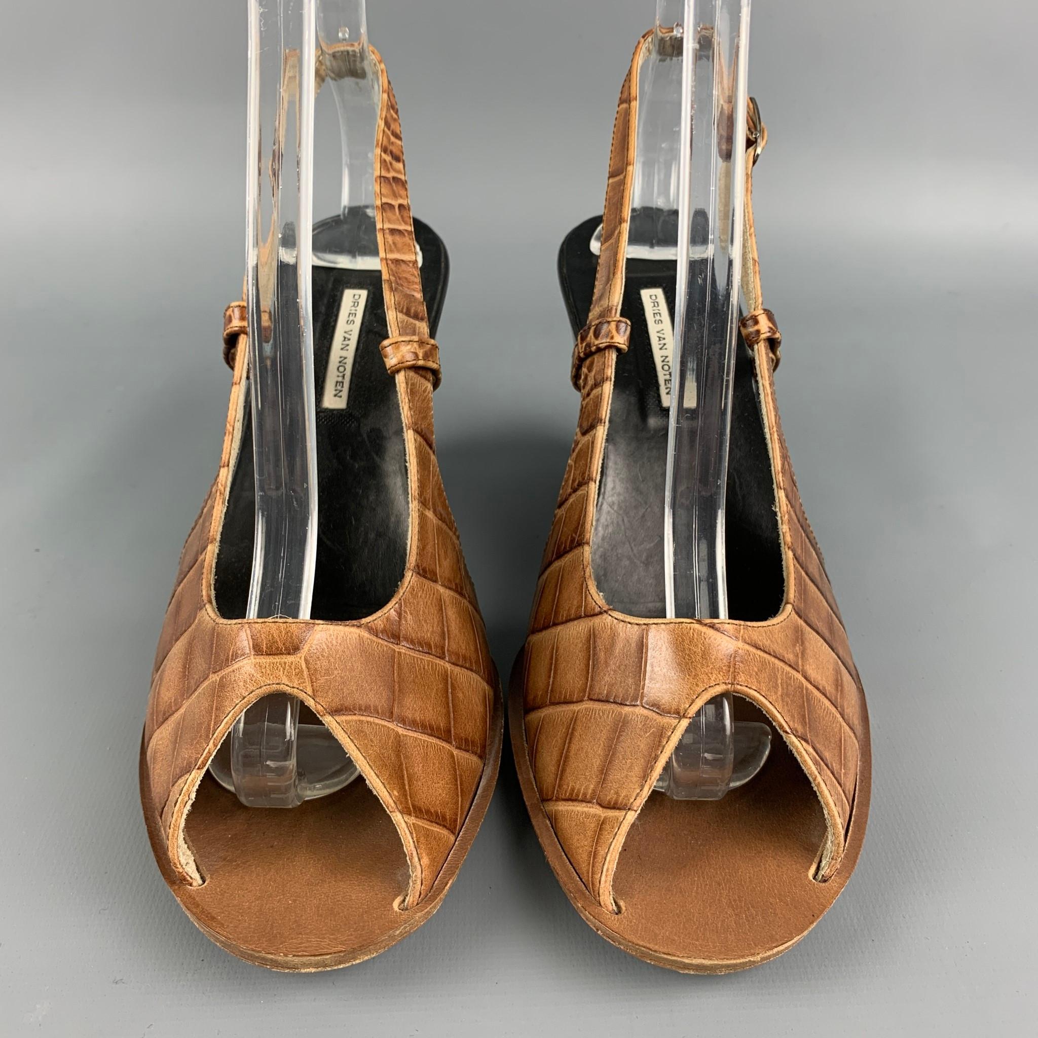 DRIES VAN NOTEN Size 8 Tan & Black Embossed Wedge Peep Toe Sandals In Good Condition In San Francisco, CA