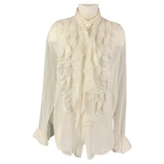DRIES VAN NOTEN Size 8 White Cotton Silk Ruffled Nehru Collar Blouse