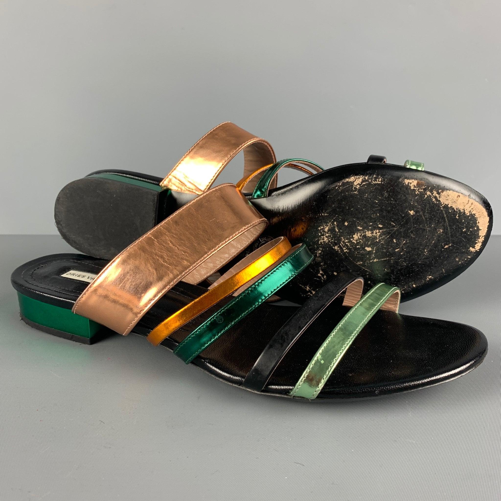 DRIES VAN NOTEN Size 8.5 Black, Gold &  Green Patent Leather Flat Sandals In Good Condition In San Francisco, CA