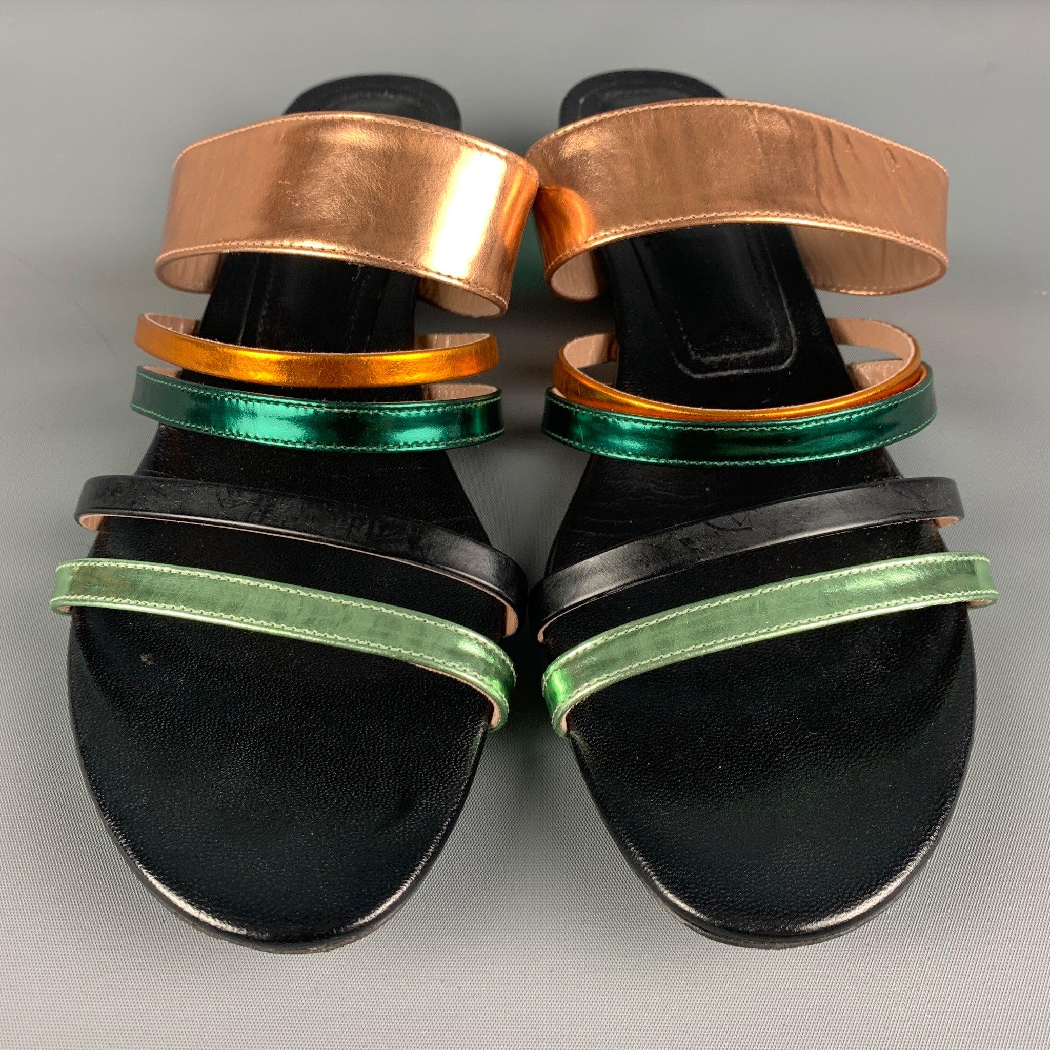 Women's DRIES VAN NOTEN Size 8.5 Black, Gold &  Green Patent Leather Flat Sandals