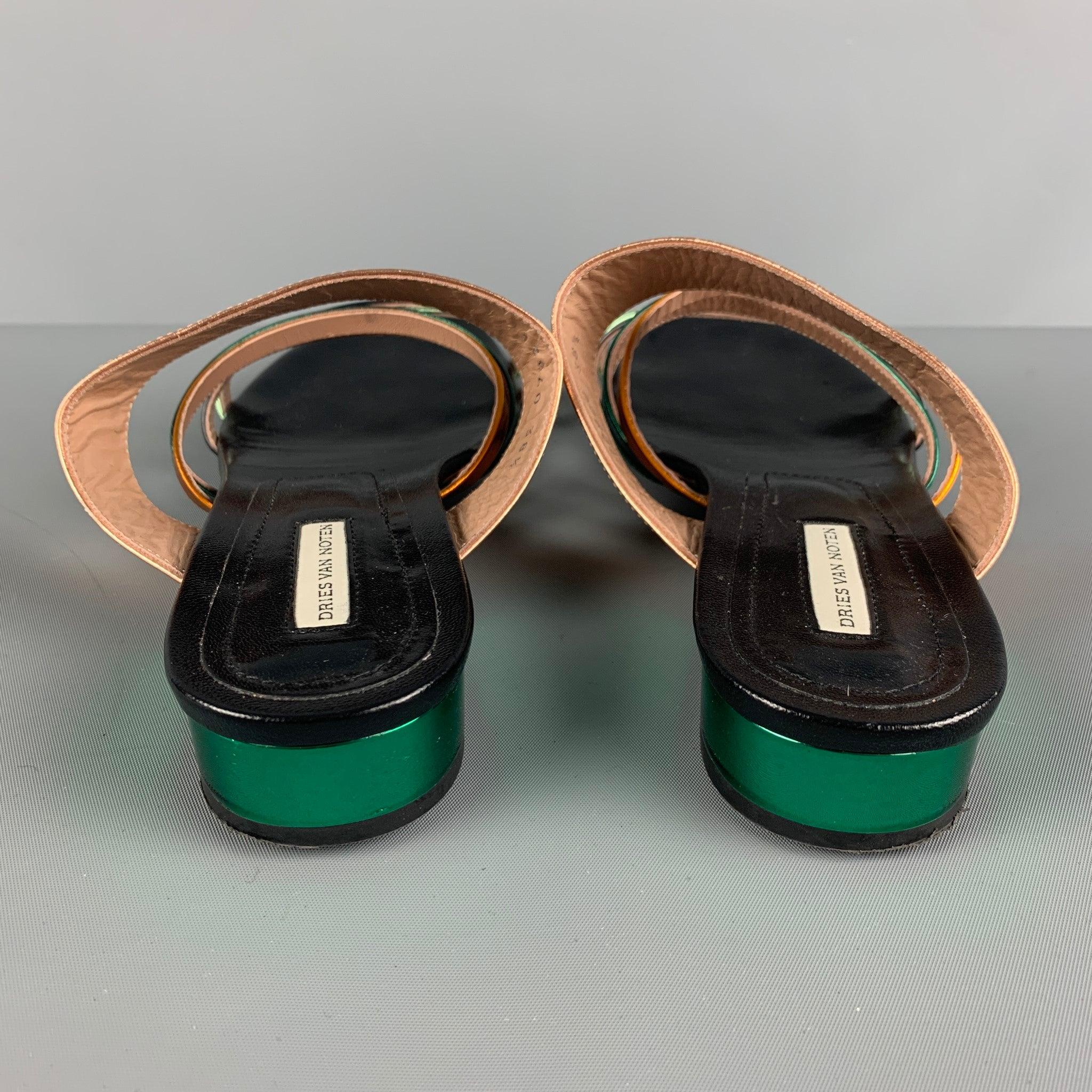 DRIES VAN NOTEN Size 8.5 Black, Gold &  Green Patent Leather Flat Sandals 1