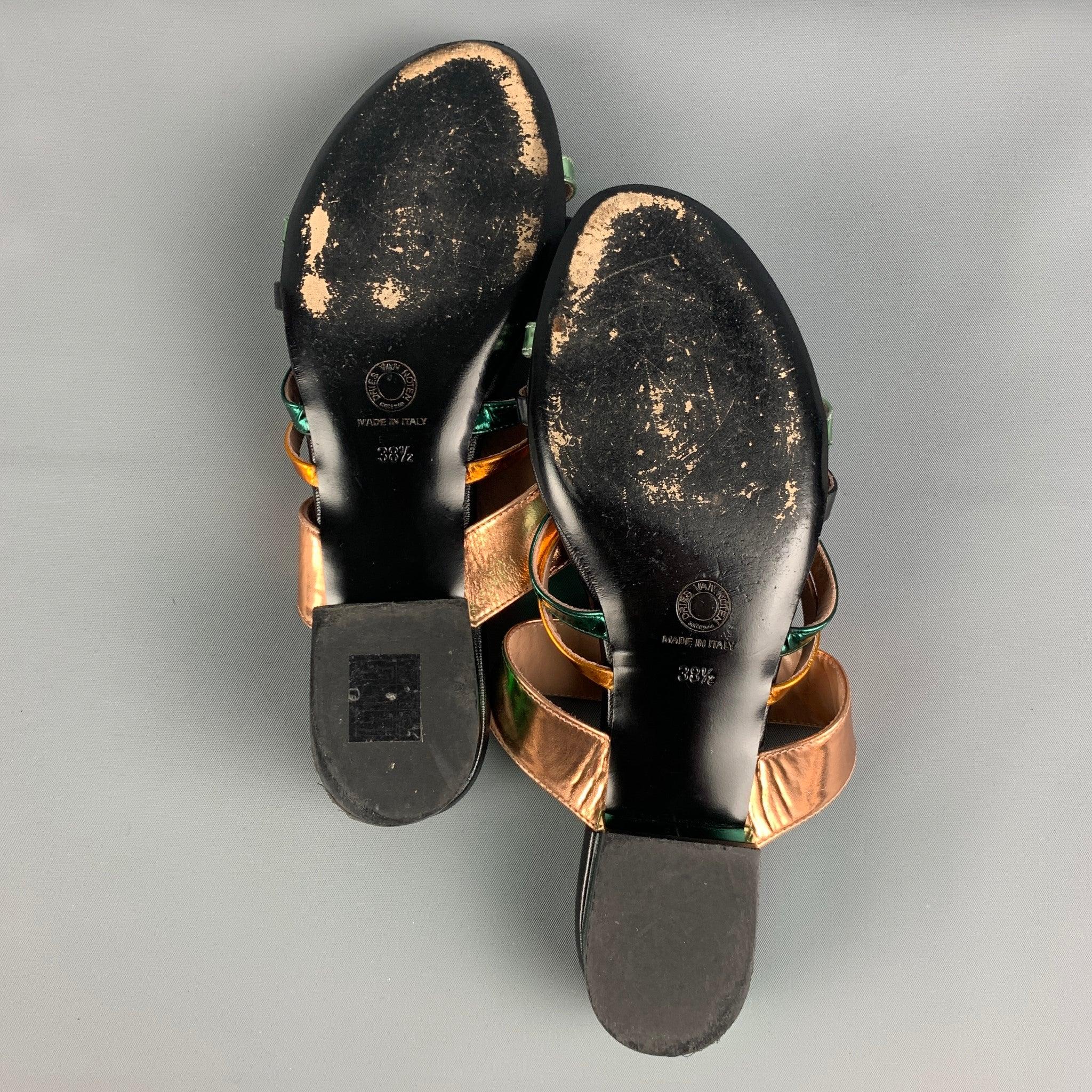 DRIES VAN NOTEN Size 8.5 Black, Gold &  Green Patent Leather Flat Sandals 4