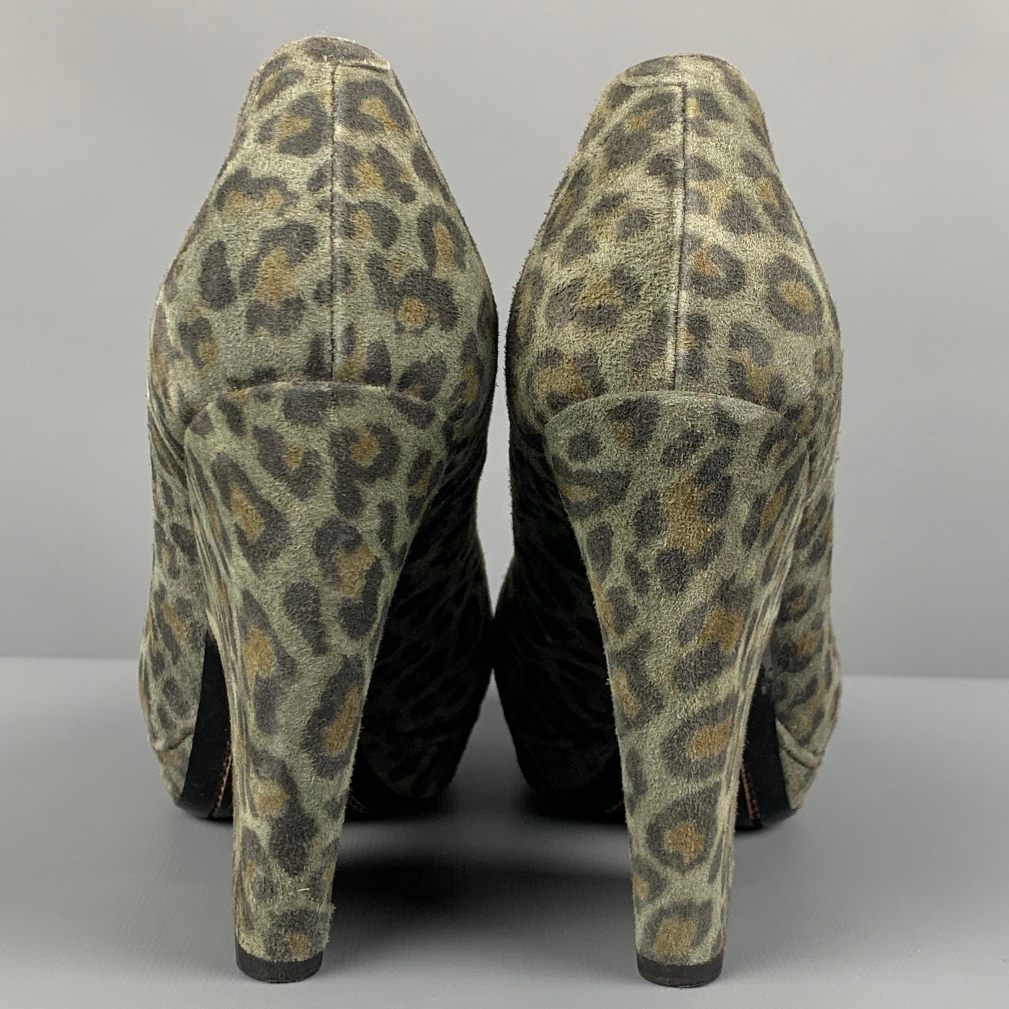 Women's DRIES VAN NOTEN Size 8.5 Moss Brown Suede Animal Print Platform Pumps