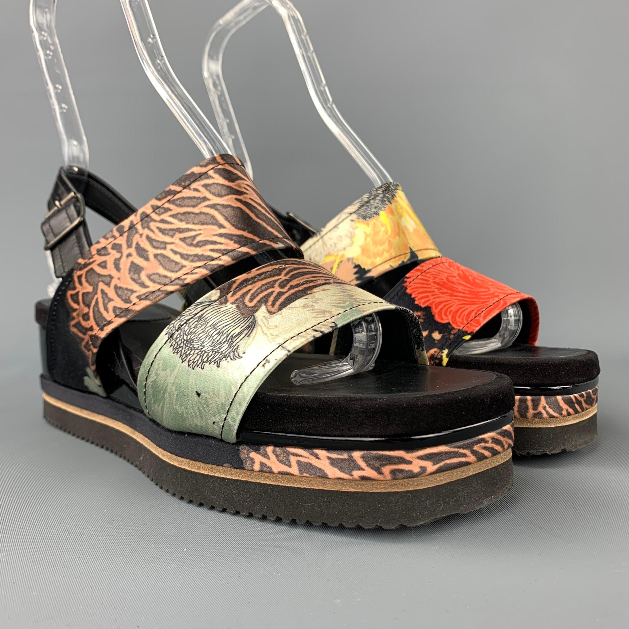 Black DRIES VAN NOTEN Size 8.5 Multi-Color Silk Platform Sandals