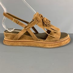 DRIES VAN NOTEN Größe 8,5 Hellbraune Gold Wildleder-Sandalen mit Fransen Gladiator