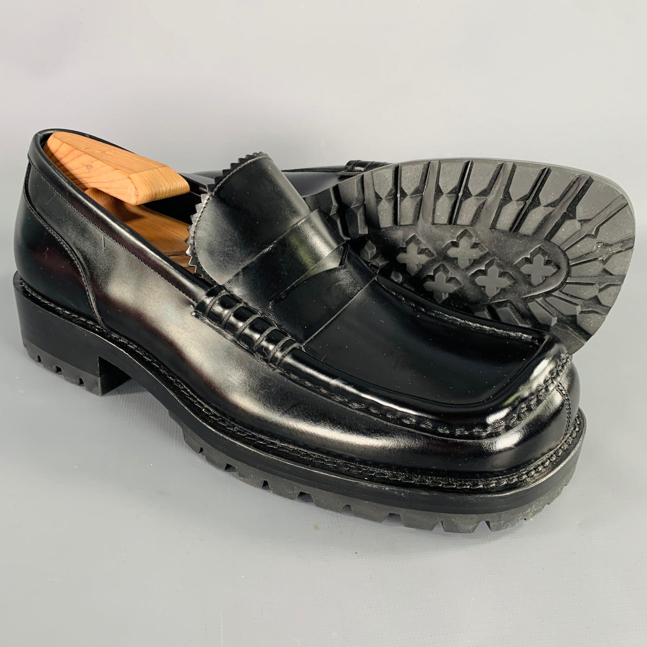 DRIES VAN NOTEN Size 9.5 Black Square Toe Penny Loafers 1