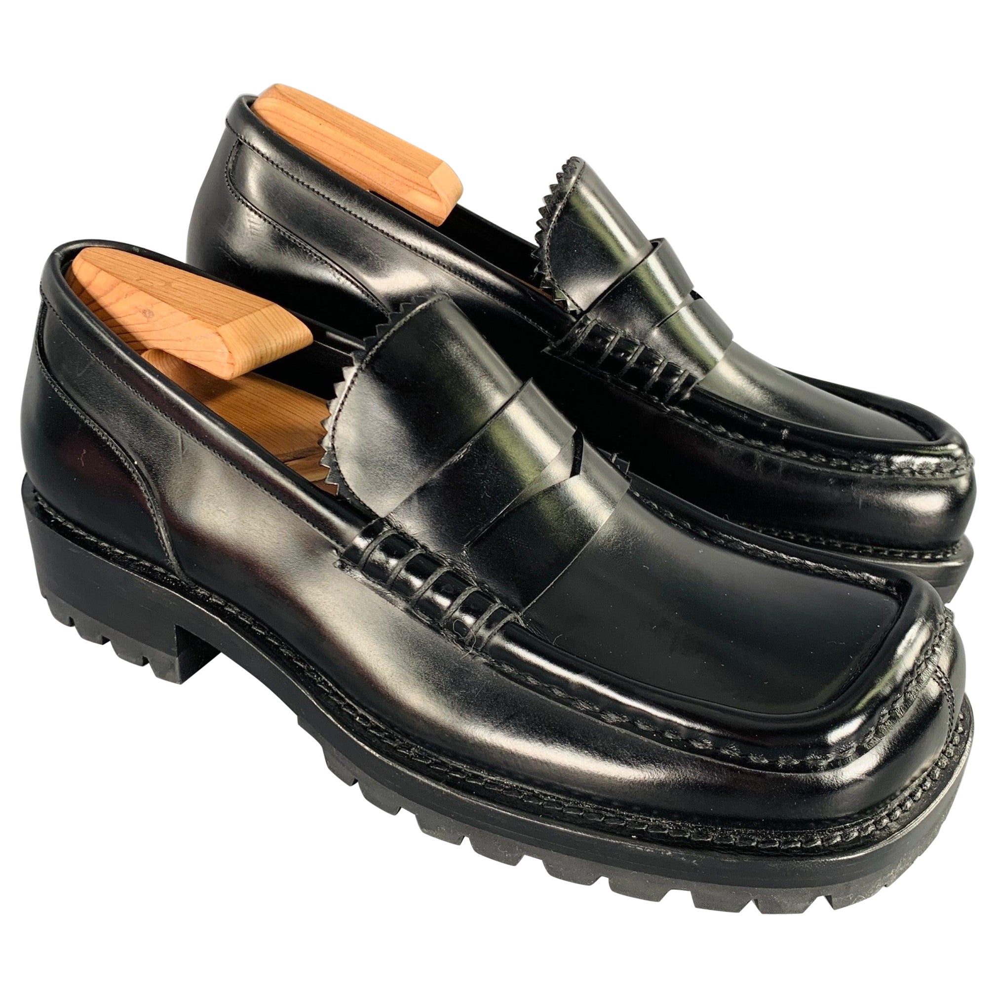 DRIES VAN NOTEN Size 9.5 Black Square Toe Penny Loafers