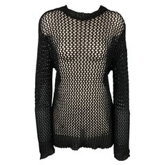 DRIES VAN NOTEN Size L Black Mesh Cotton Crew-neck Pullover