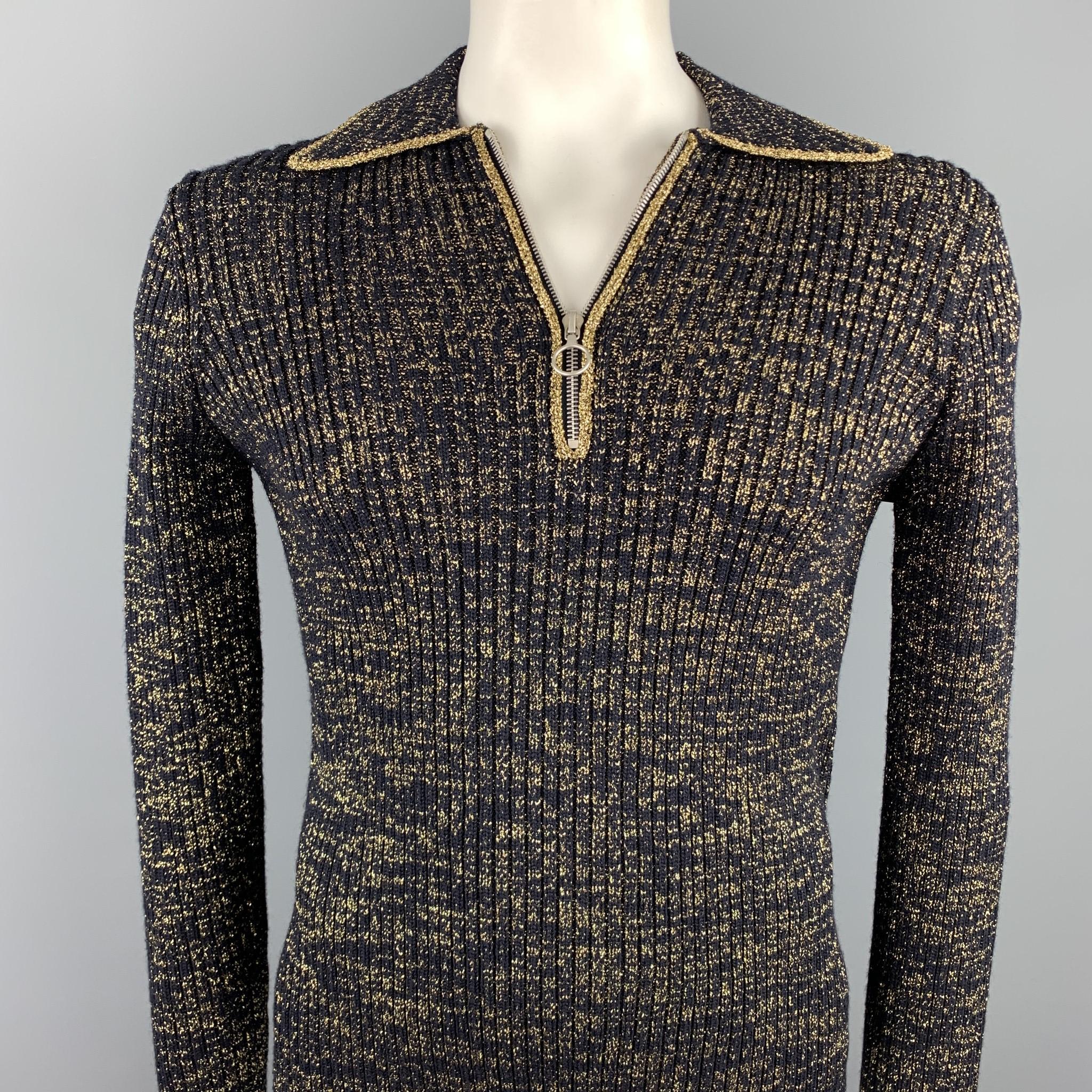 DRIES VAN NOTEN pullover comes in a black & gold ribbed knit wool blend featuring a pointed collar and a half zip closure. Made in Belgium. 

Excellent Pre-Owned Condition.
Marked: L

Measurements:

Shoulder: 17 in. 
Chest: 38 in.
Sleeve: 26 in.