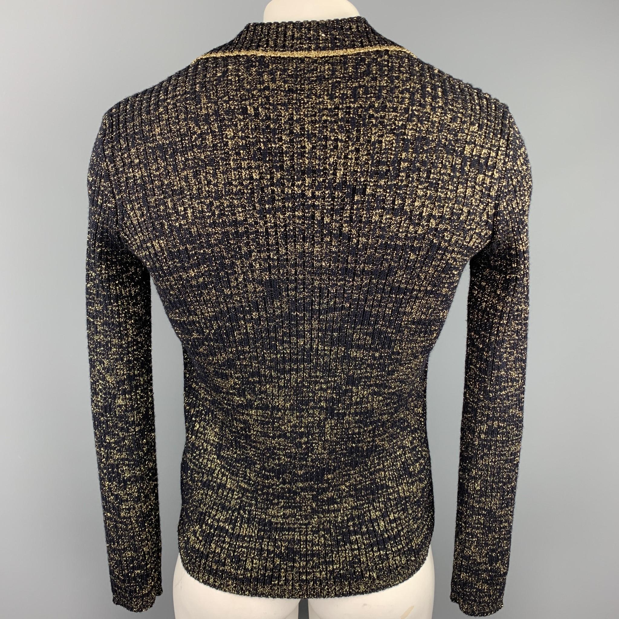 DRIES VAN NOTEN Size L Black & Metallic Gold Ribbed Knit Wool Blend Pullover In Excellent Condition In San Francisco, CA