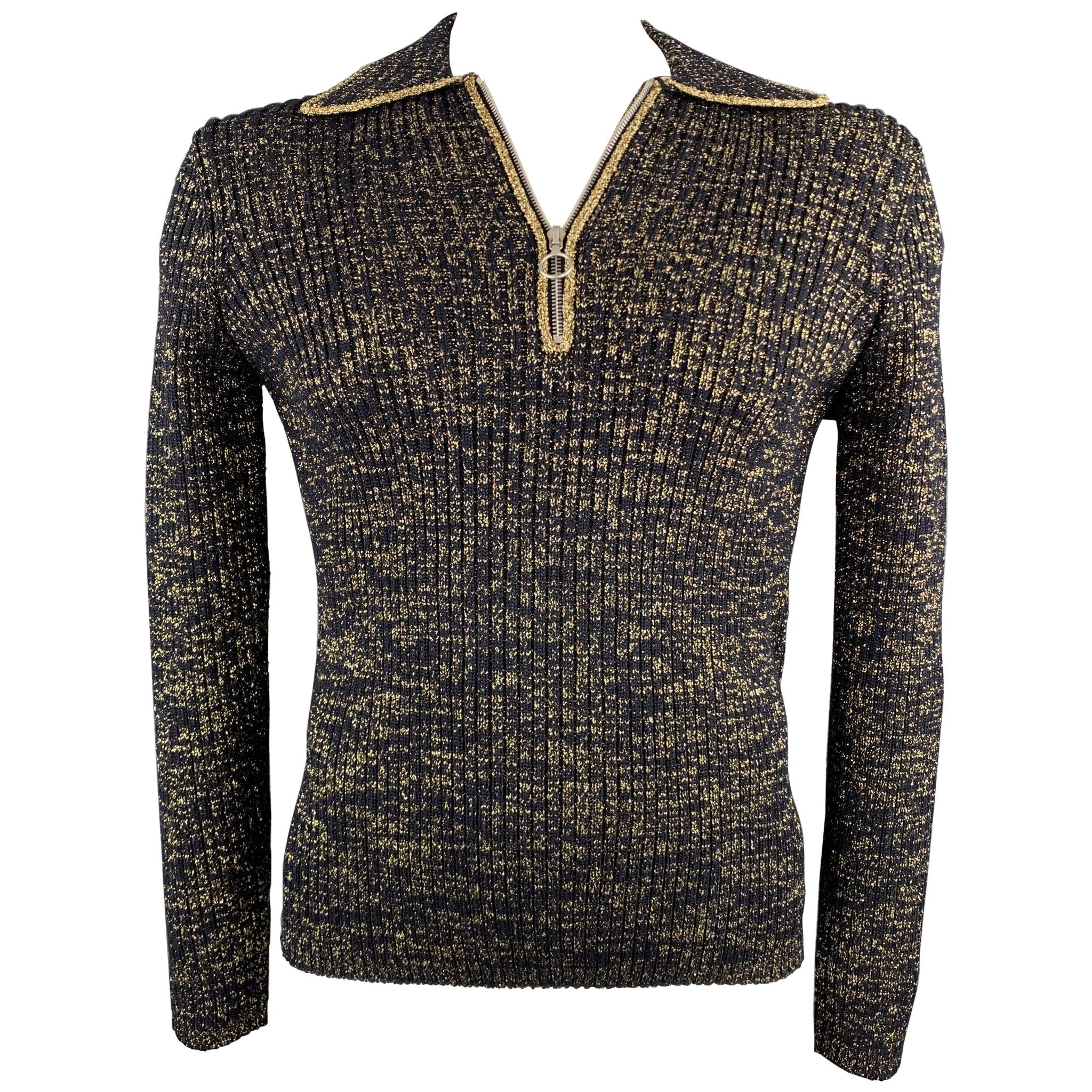 DRIES VAN NOTEN Size L Black & Metallic Gold Ribbed Knit Wool Blend Pullover