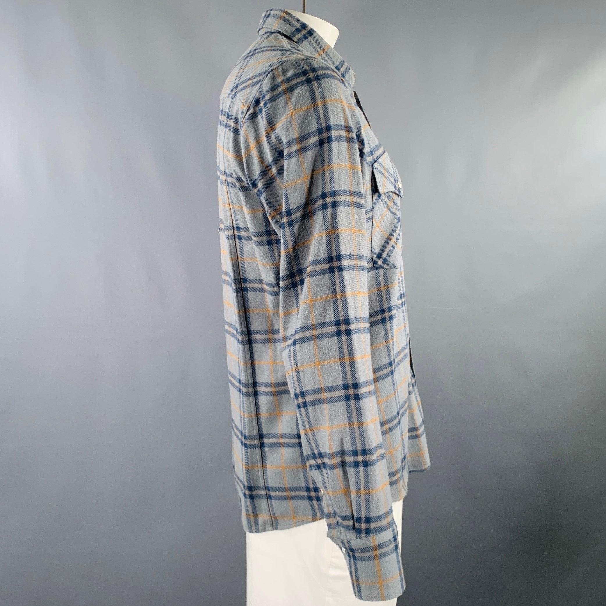 Gray DRIES VAN NOTEN Size L Blue Yellow Plaid Cotton Western Long Sleeve Shirt