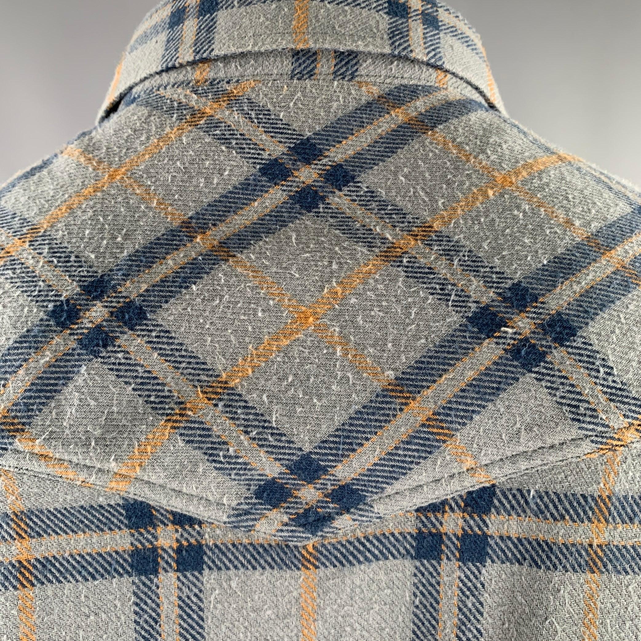 Men's DRIES VAN NOTEN Size L Blue Yellow Plaid Cotton Western Long Sleeve Shirt