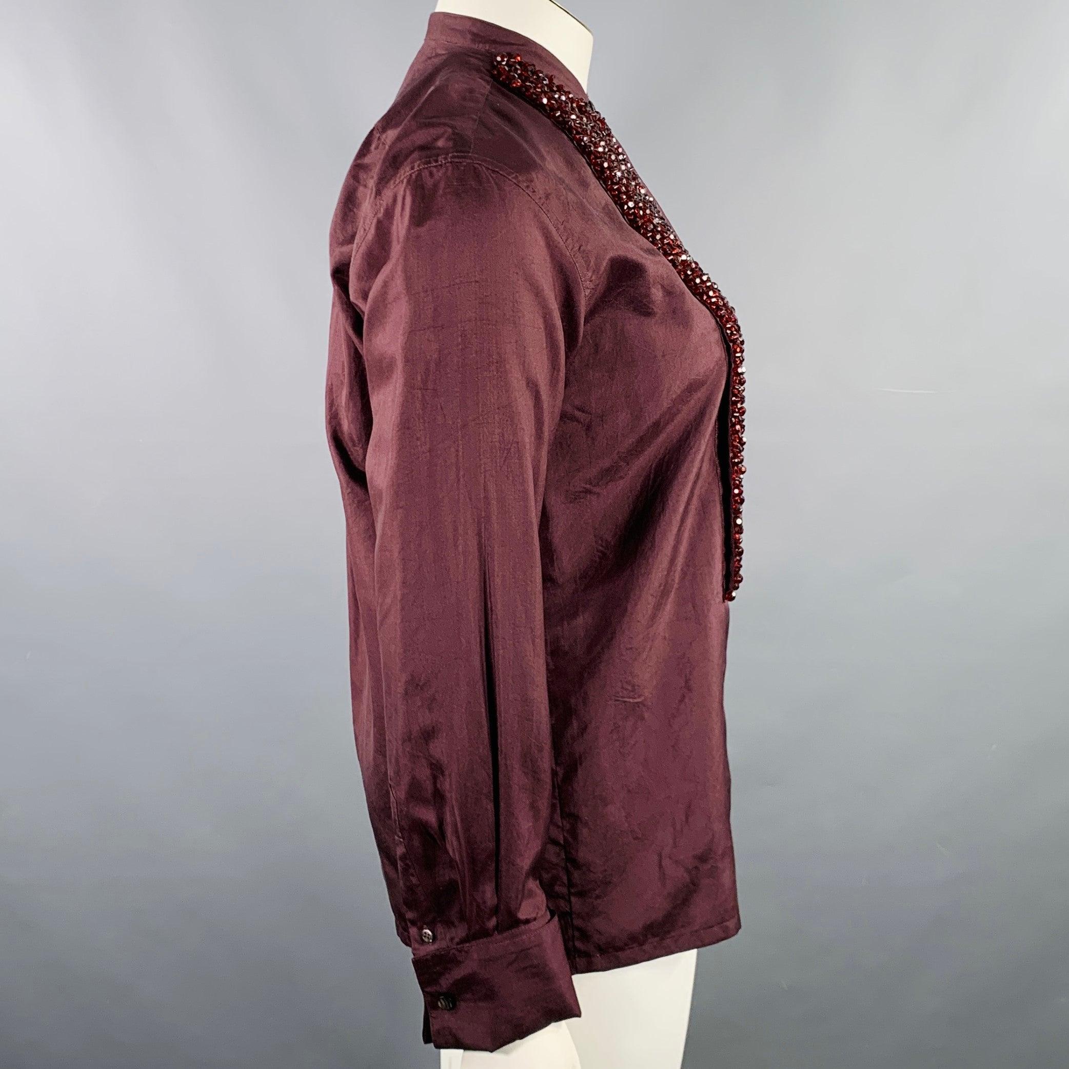 DRIES VAN NOTEN Size L Brown Burgundy Silk Beaded French Cuff Shirt In Good Condition In San Francisco, CA