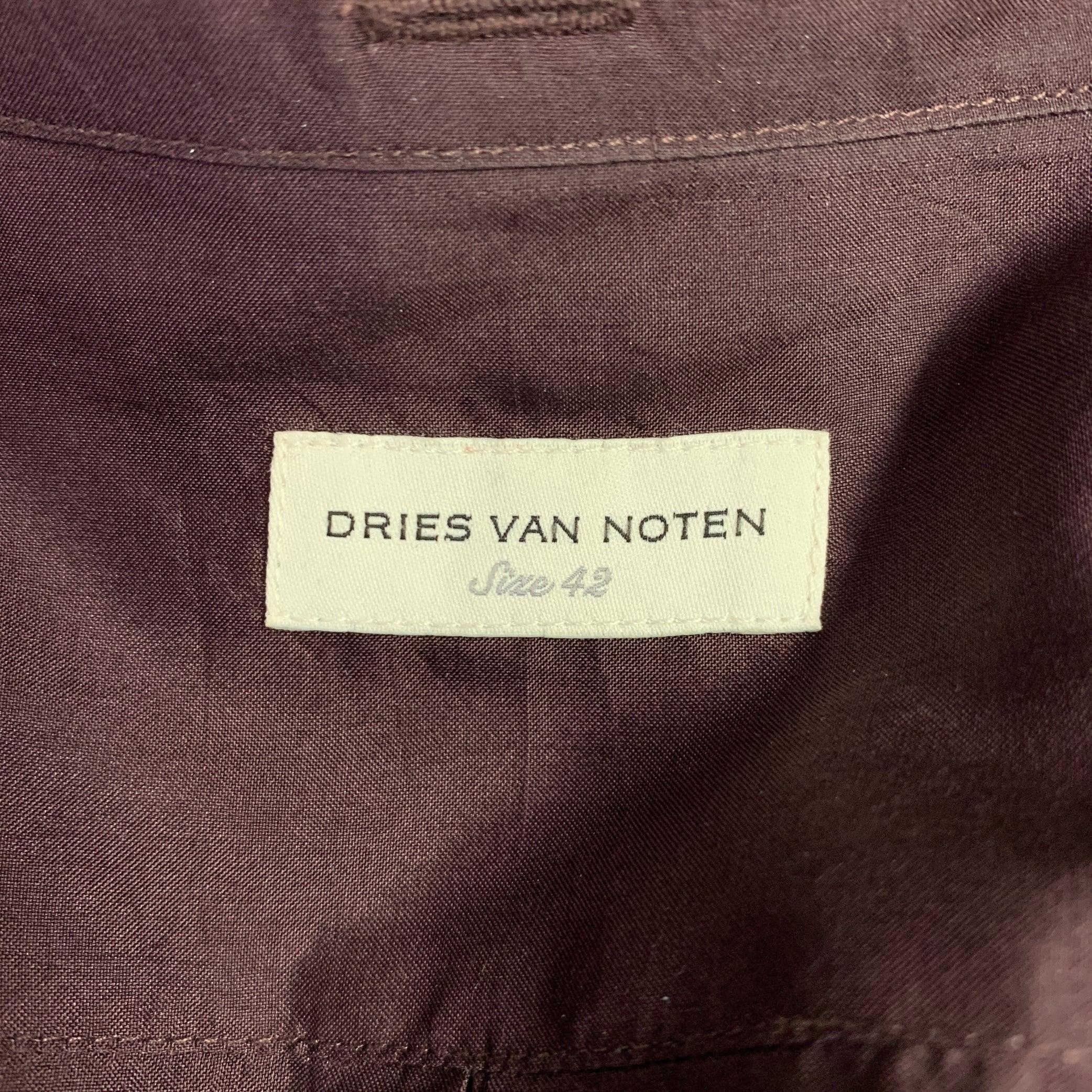 DRIES VAN NOTEN Size L Brown Burgundy Silk Beaded French Cuff Shirt 2
