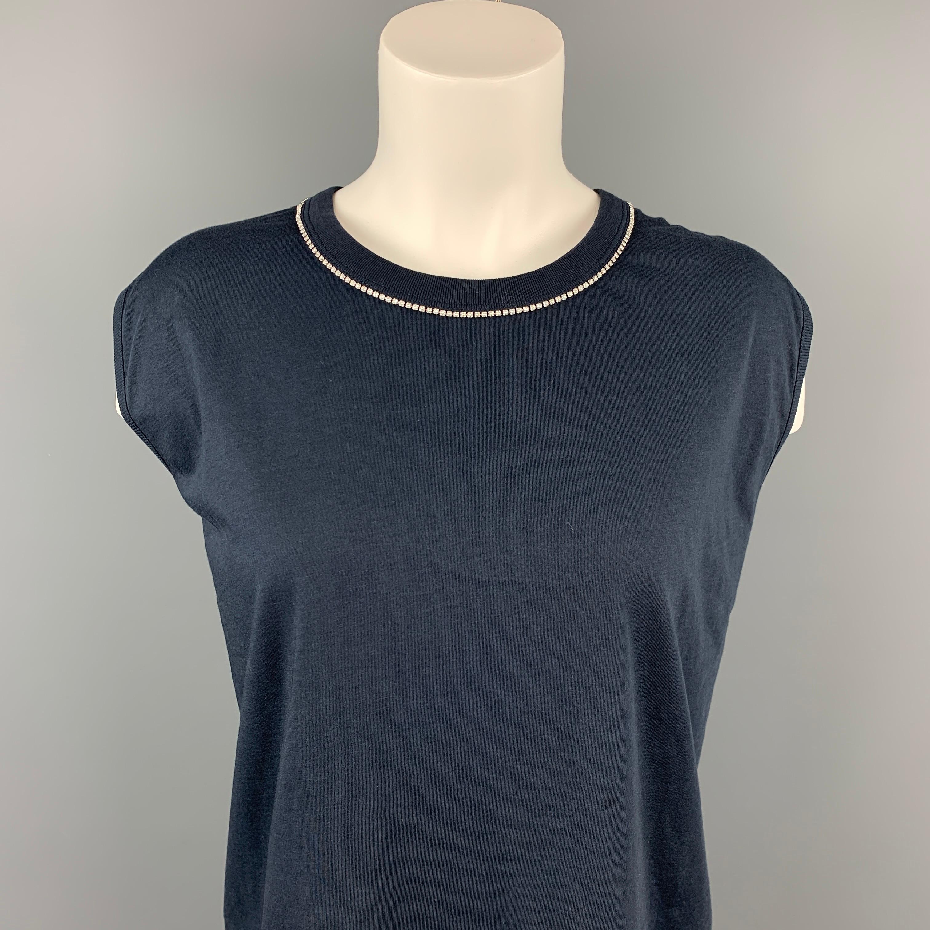 DRIES VAN NOTEN t-shirt comes in a navy cotton featuring a sleeveless style, rhinestone trim design, and a crew-neck. 

Very Good Pre-Owned Condition.
Marked: L

Measurements:

Shoulder: 17 in.
Bust: 40 in.
Length: 25 in. 