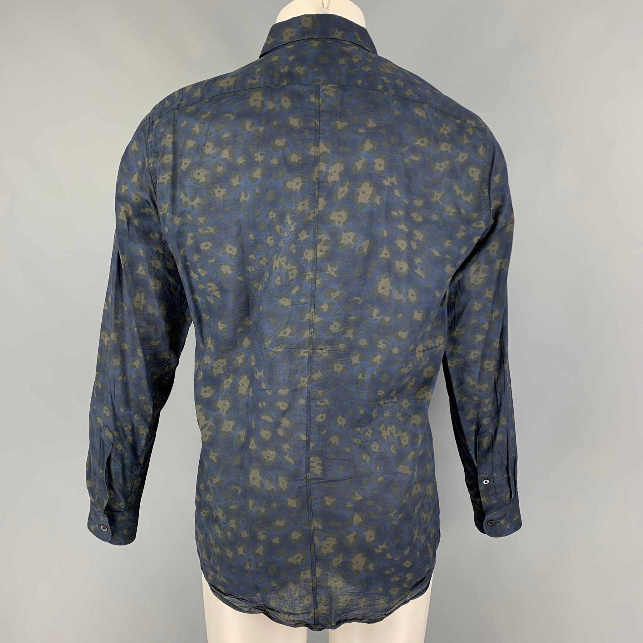 DRIES VAN NOTEN Size M Blue Abstract Floral Cotton Button Up Long Sleeve Shirt In Good Condition For Sale In San Francisco, CA