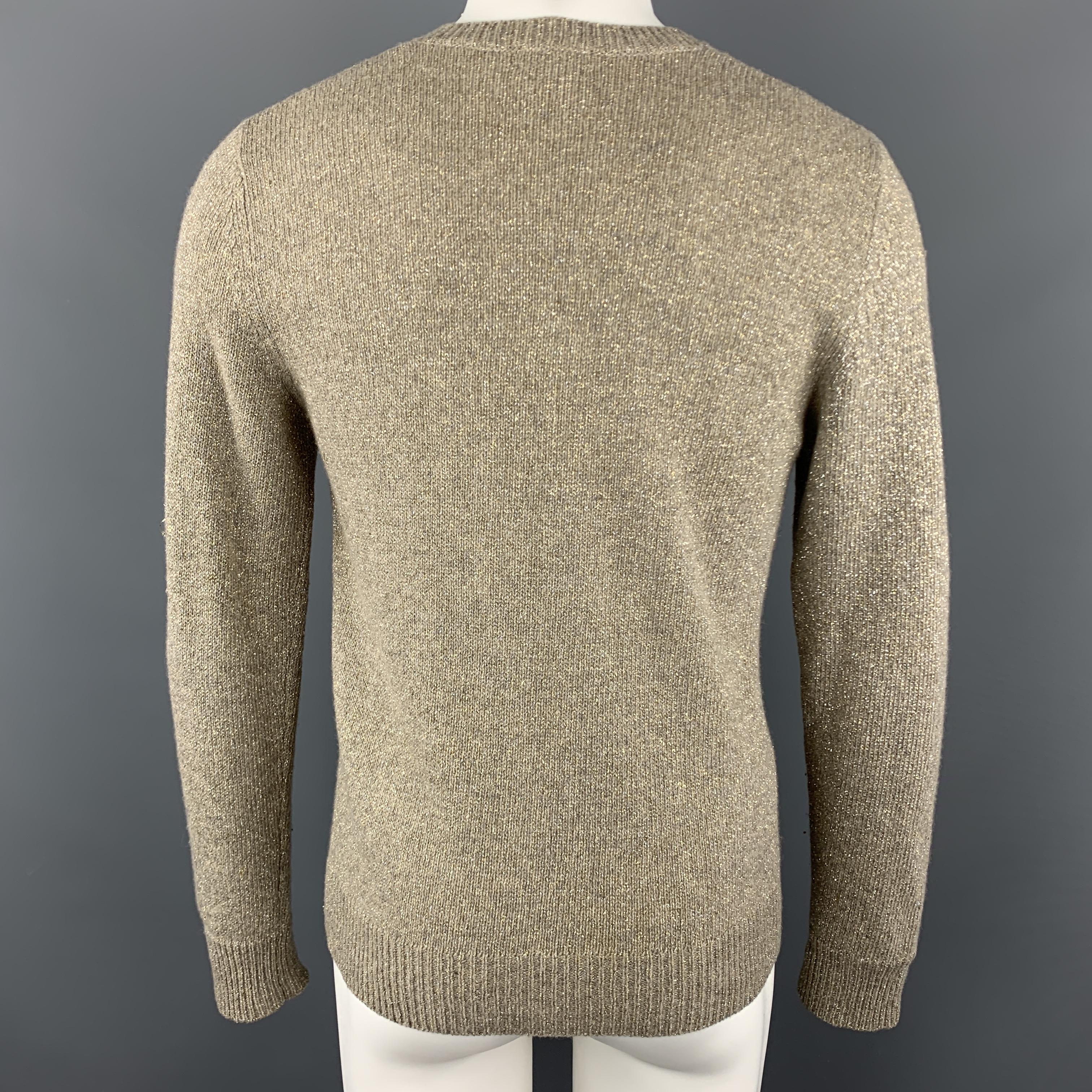 Brown DRIES VAN NOTEN Size M Gold Metallic Wool Blend Sparkle Knit V-Neck Pullover