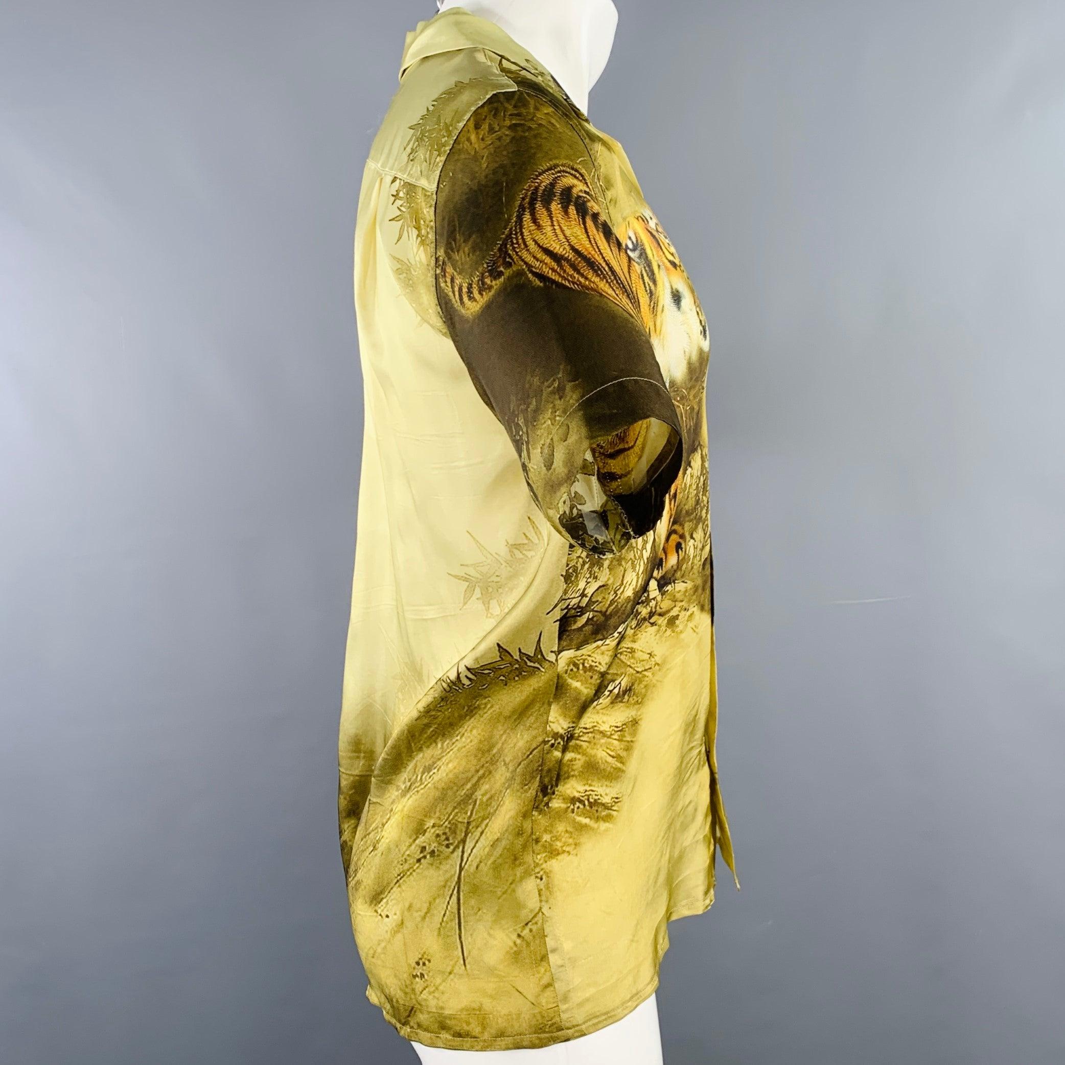 DRIES VAN NOTEN Size M Yellow Olive Tiger Short Sleeve Shirt In Good Condition In San Francisco, CA