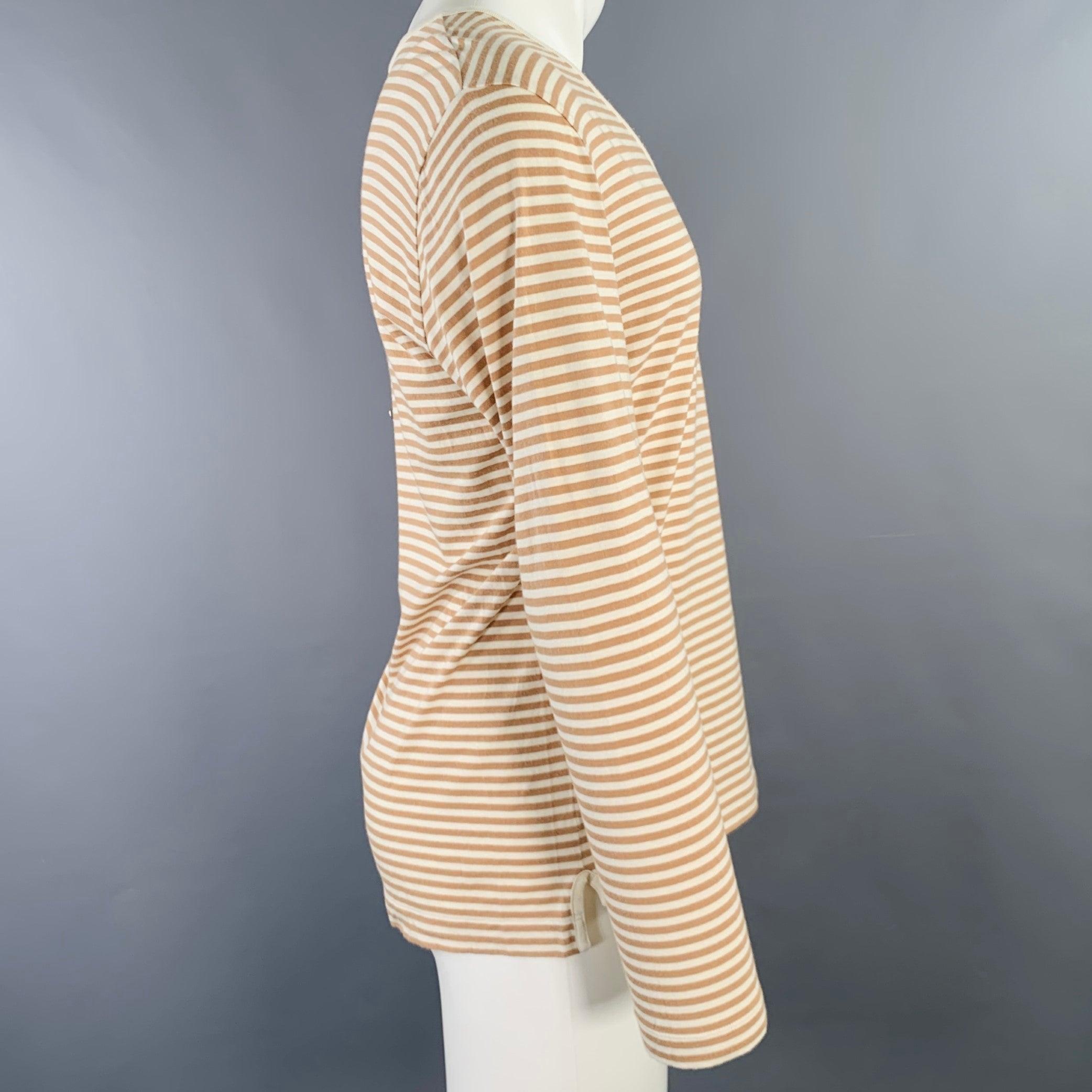 DRIES VAN NOTEN t-shirt
in a beige and cream cotton blend featuring a stripe pattern, long sleeves, and deep V-neck. Excellent Pre-Owned Condition. 

Marked:   S 

Measurements: 
 
Shoulder: 20 inches Chest: 38 inches Sleeve: 25 inches Length: 27