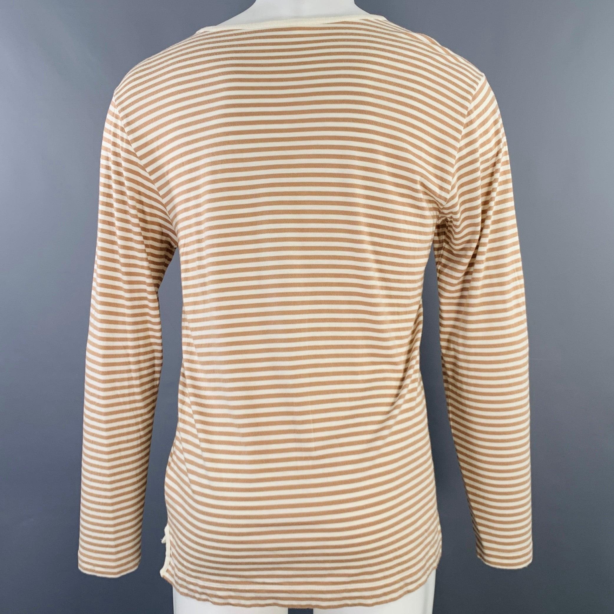 DRIES VAN NOTEN Size S Beige Cream Stripe Cotton Blend Long Sleeve T-shirt In Excellent Condition For Sale In San Francisco, CA