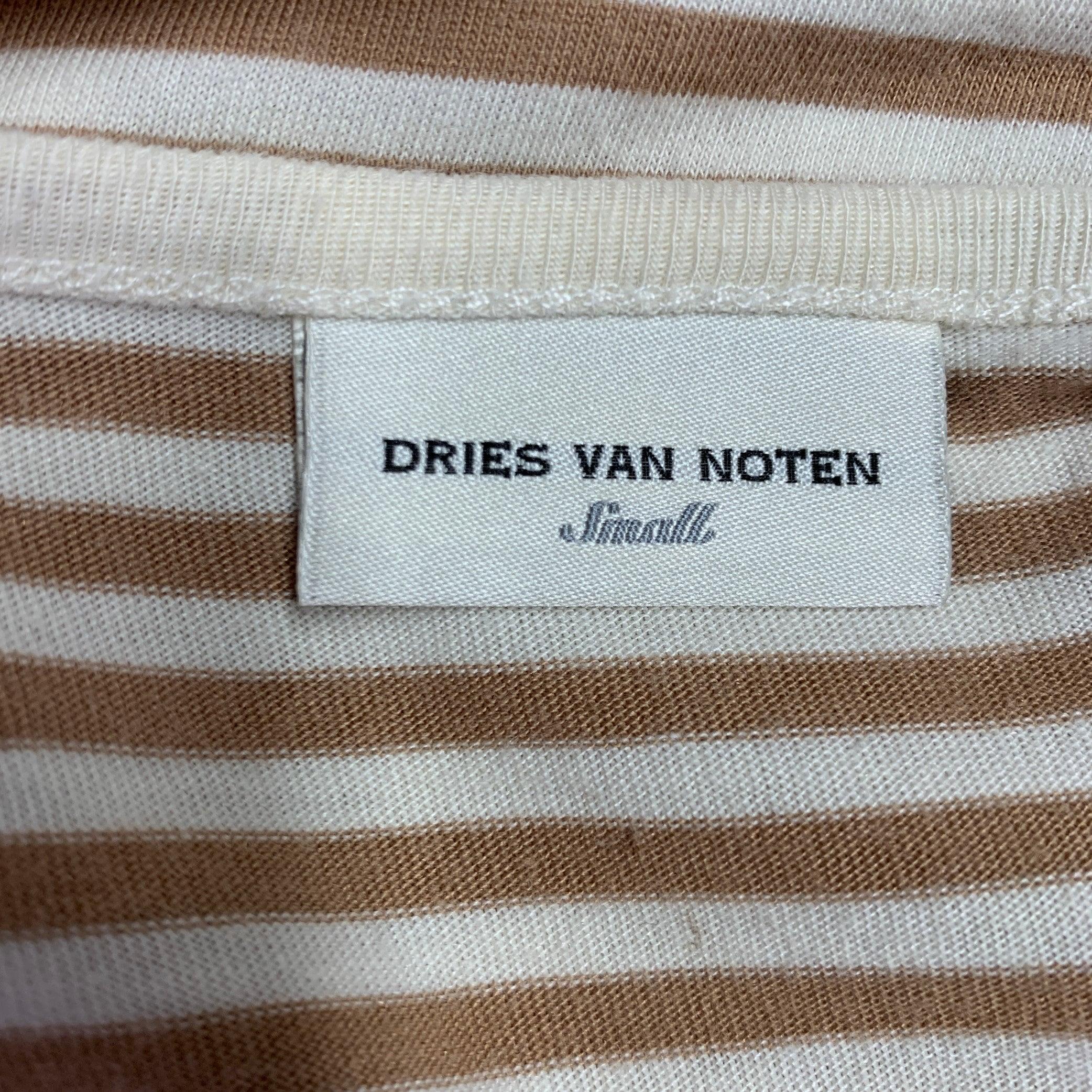 Men's DRIES VAN NOTEN Size S Beige Cream Stripe Cotton Blend Long Sleeve T-shirt For Sale