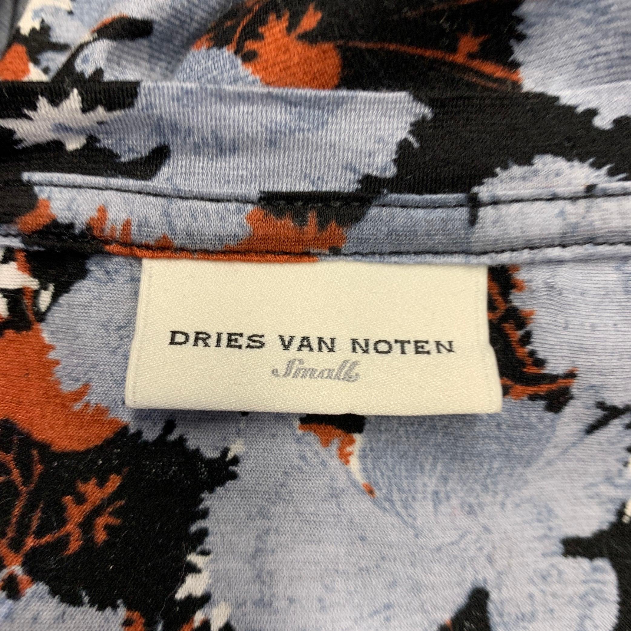 DRIES VAN NOTEN Size S Blue Black Brown Cotton Abstract Floral Blouse In Excellent Condition In San Francisco, CA