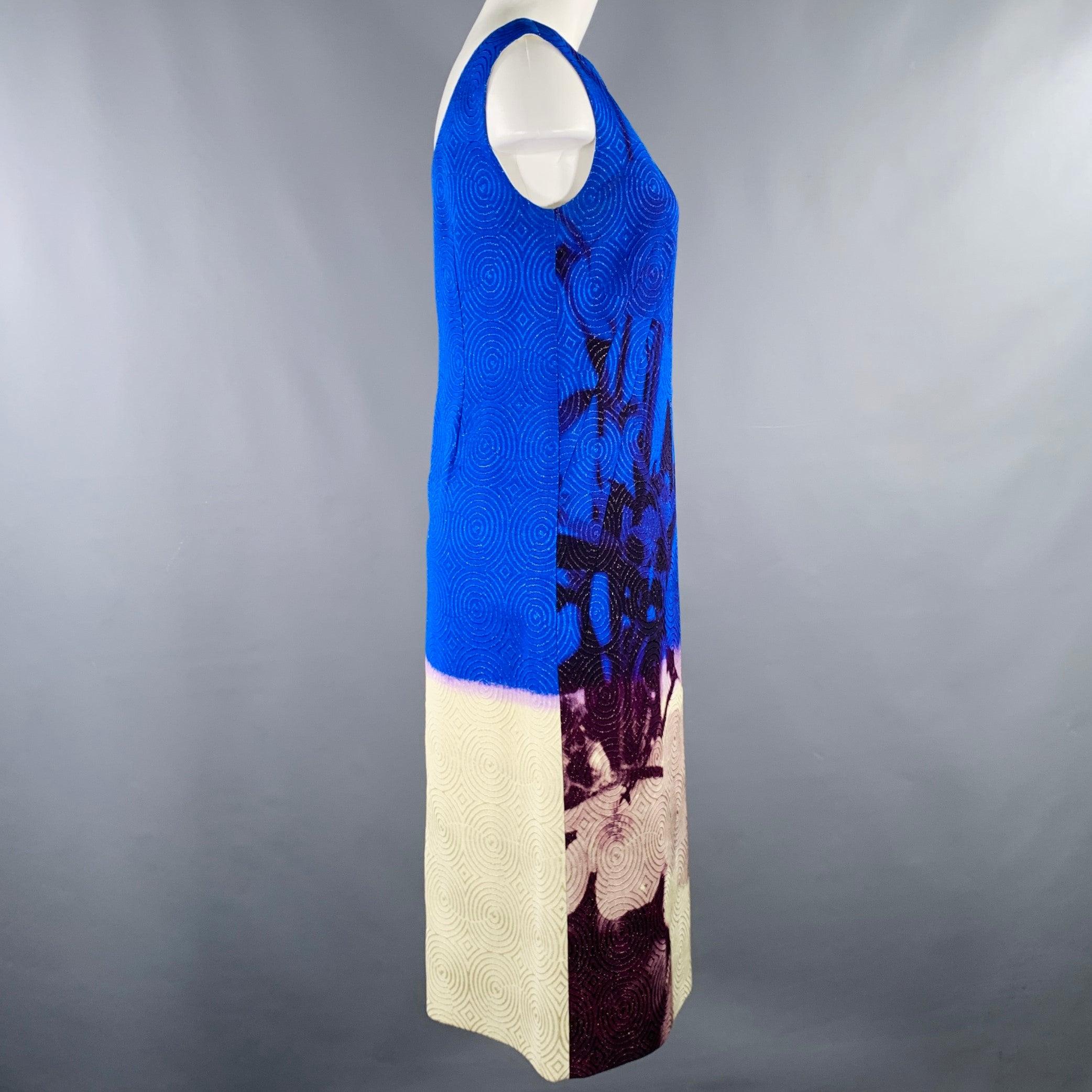 DRIES VAN NOTEN Size S Blue Cream Viscose Abstract Circles Sleeveless Dress In Excellent Condition For Sale In San Francisco, CA