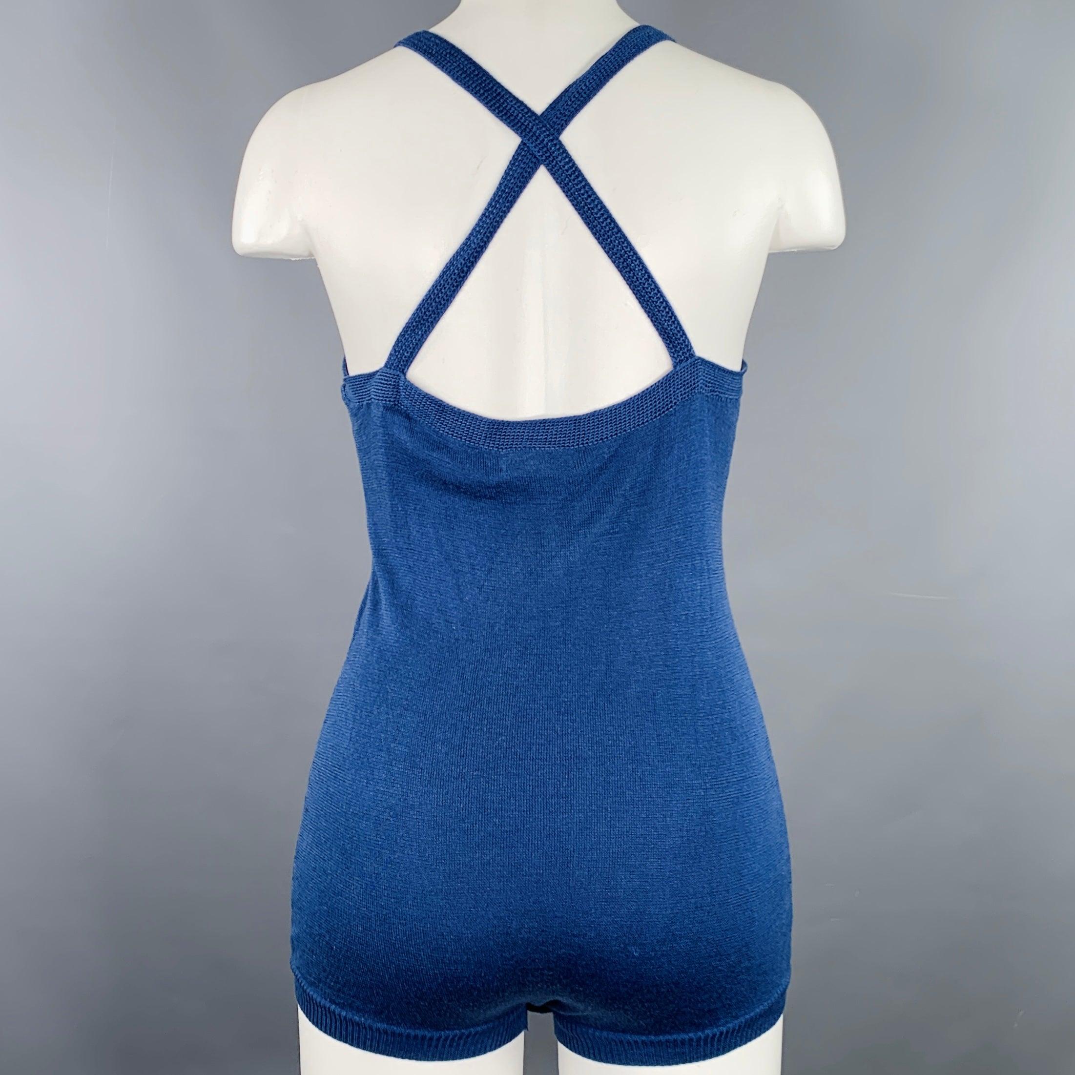 DRIES VAN NOTEN Size S Blue Silk Knit Cross Back Bodysuit Casual Top In Good Condition For Sale In San Francisco, CA