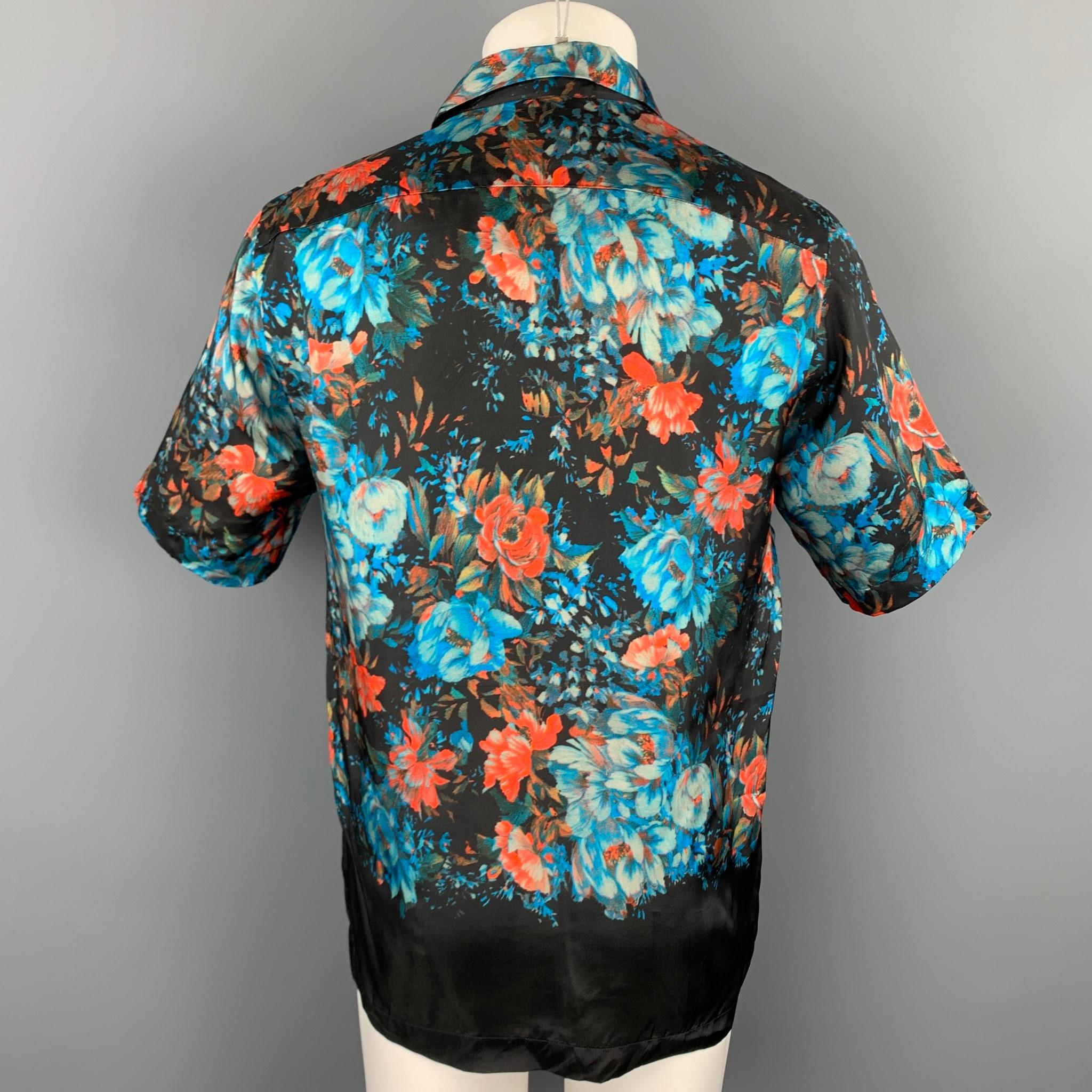Black DRIES VAN NOTEN Size S Brown & Blue Floral Viscose Button Up Short Sleeve Shirt