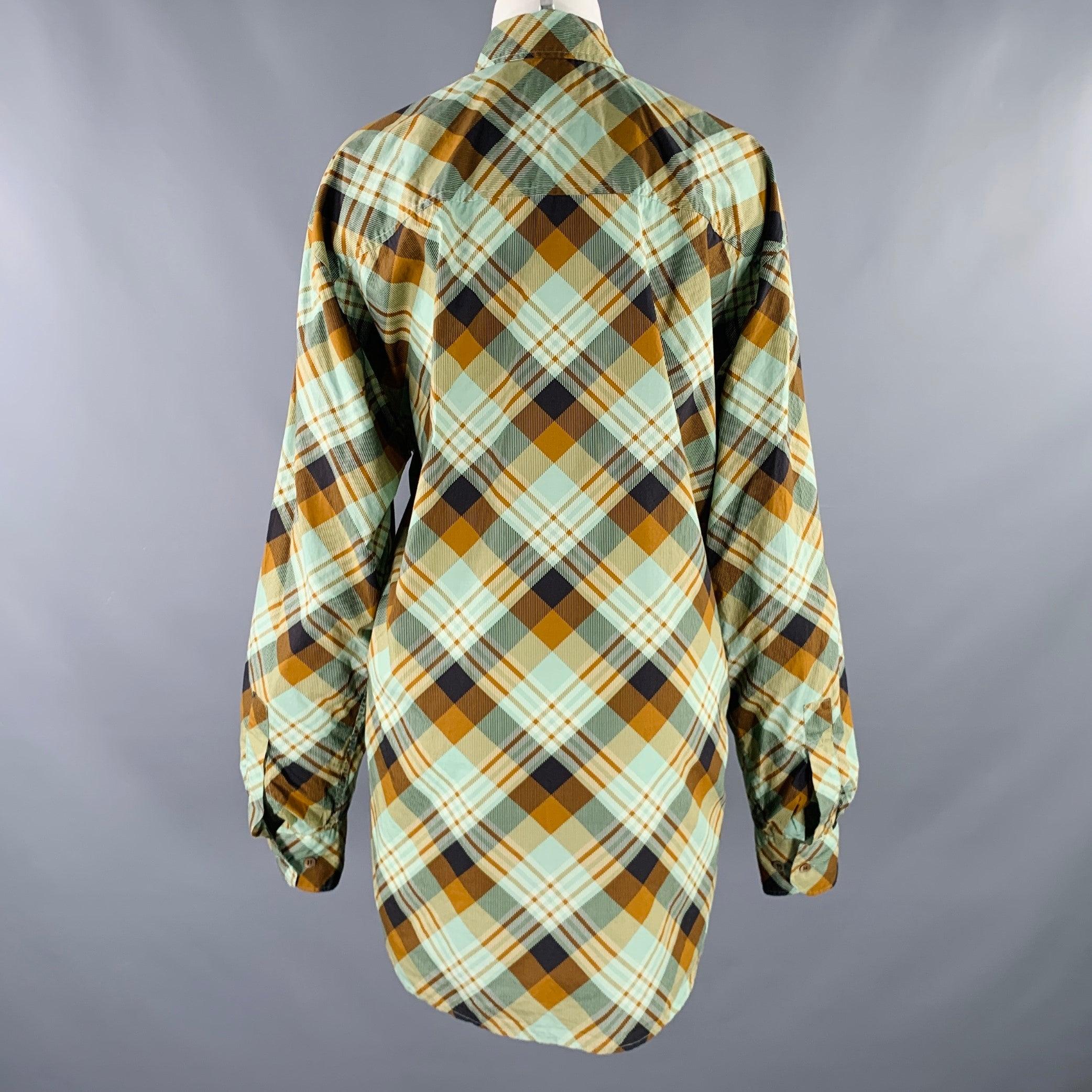 DRIES VAN NOTEN Größe S Grün Braun Baumwolle Kariertes Hemdkleid Damen im Angebot