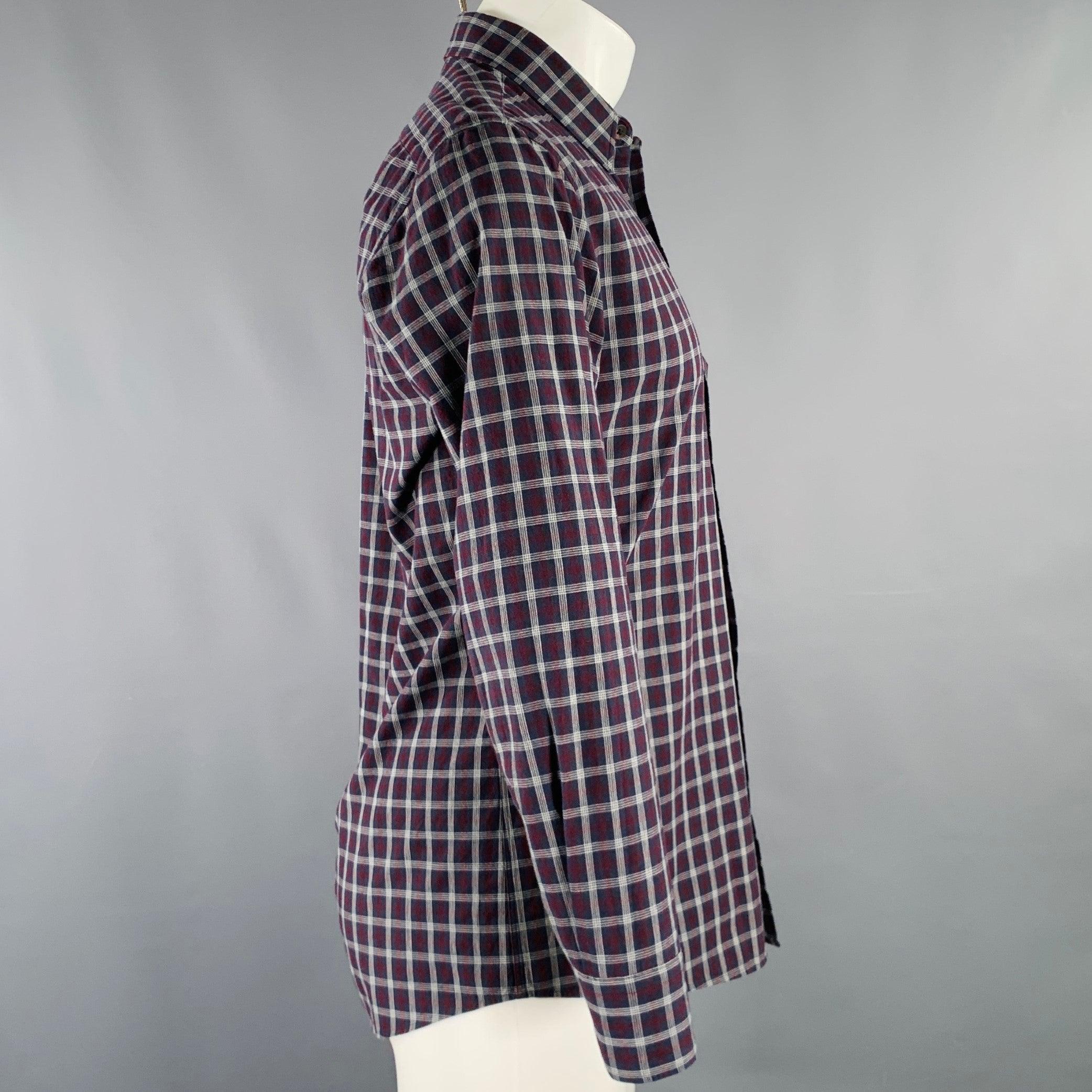 Black DRIES VAN NOTEN Size S Navy Burgundy Plaid Cotton Button Down Long Sleeve Shirt For Sale