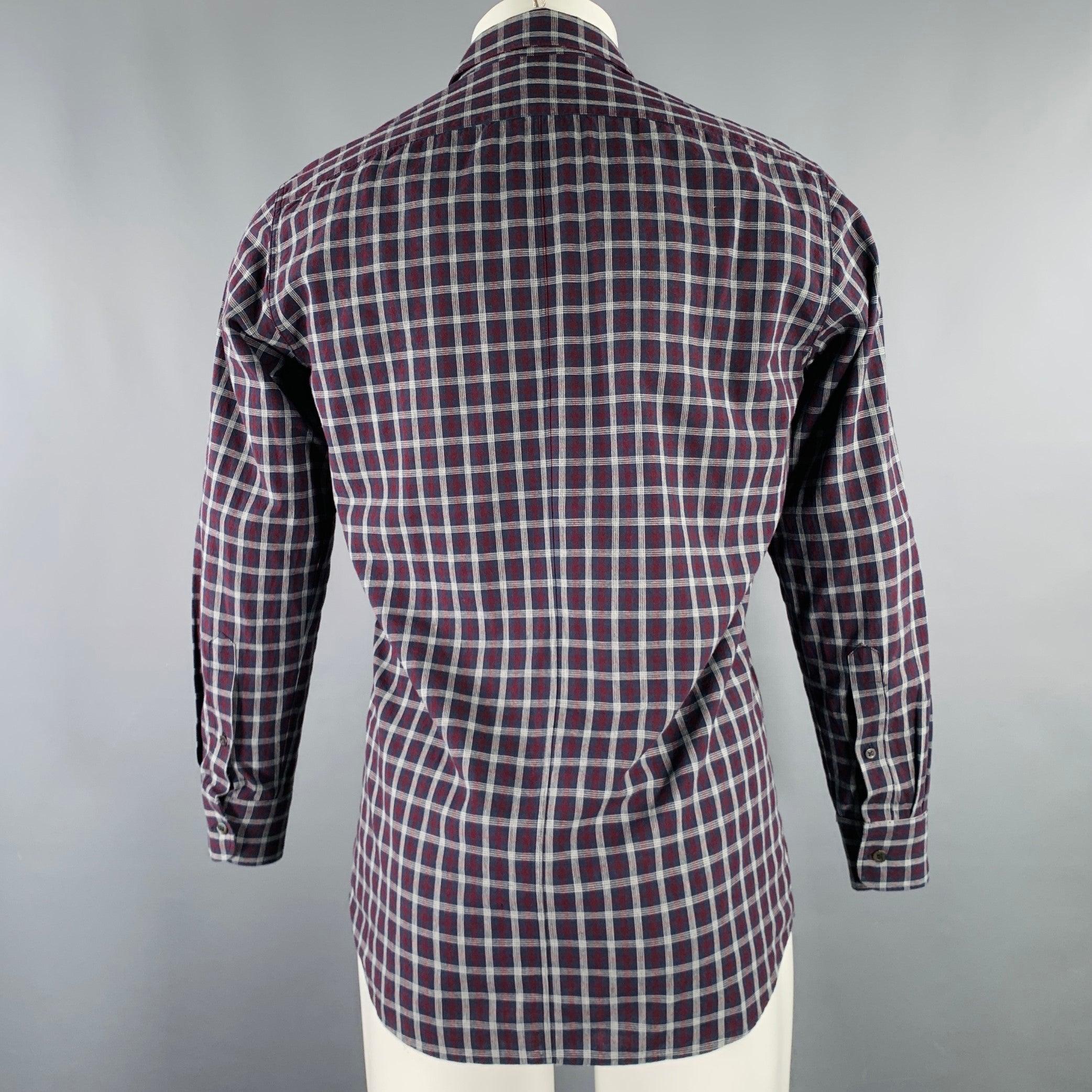 DRIES VAN NOTEN Size S Navy Burgundy Plaid Cotton Button Down Long Sleeve Shirt In Excellent Condition For Sale In San Francisco, CA