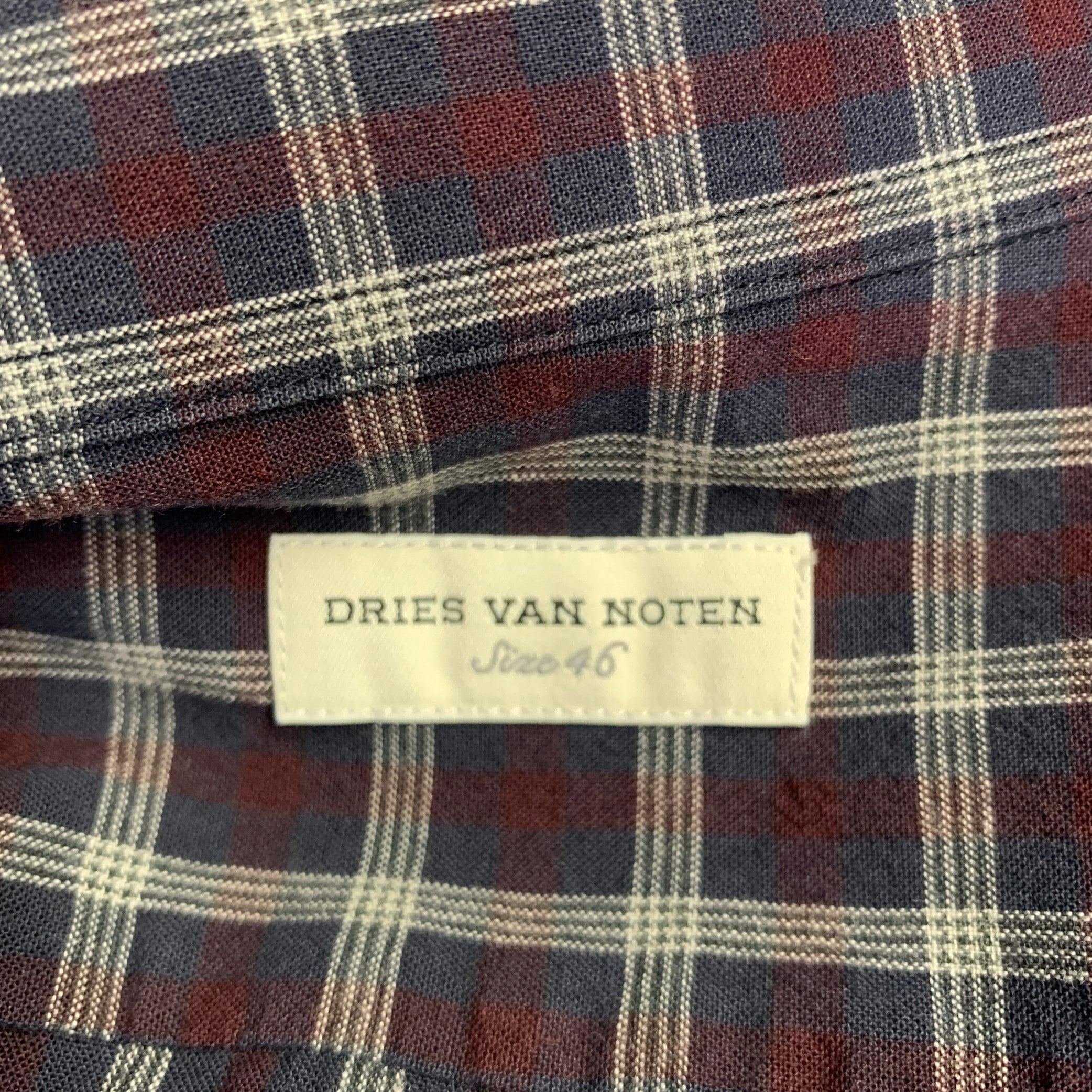 Men's DRIES VAN NOTEN Size S Navy Burgundy Plaid Cotton Button Down Long Sleeve Shirt For Sale