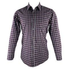 DRIES VAN NOTEN Talla S Camisa de manga larga con botones de algodón a cuadros azul marino burdeos
