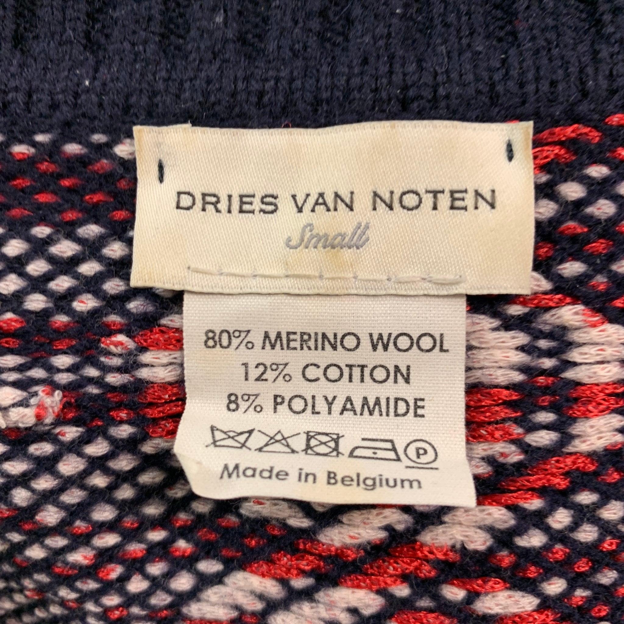 DRIES VAN NOTEN Size S Navy Red White Knit Wool Blend Crew-Neck Pullover 1