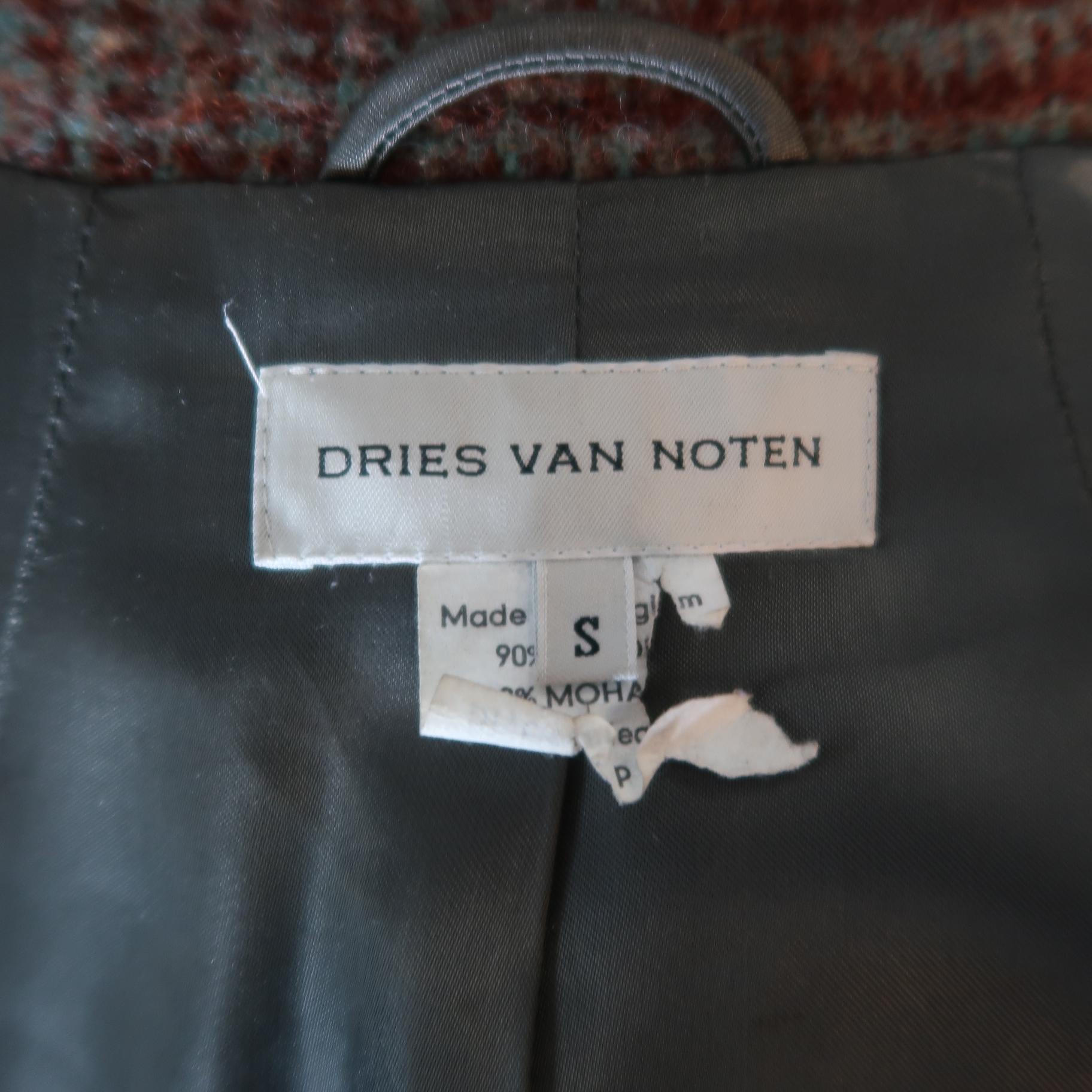 DRIES VAN NOTEN Size S Rust Houndstooth Color Block Wool / Mohair Coat 4