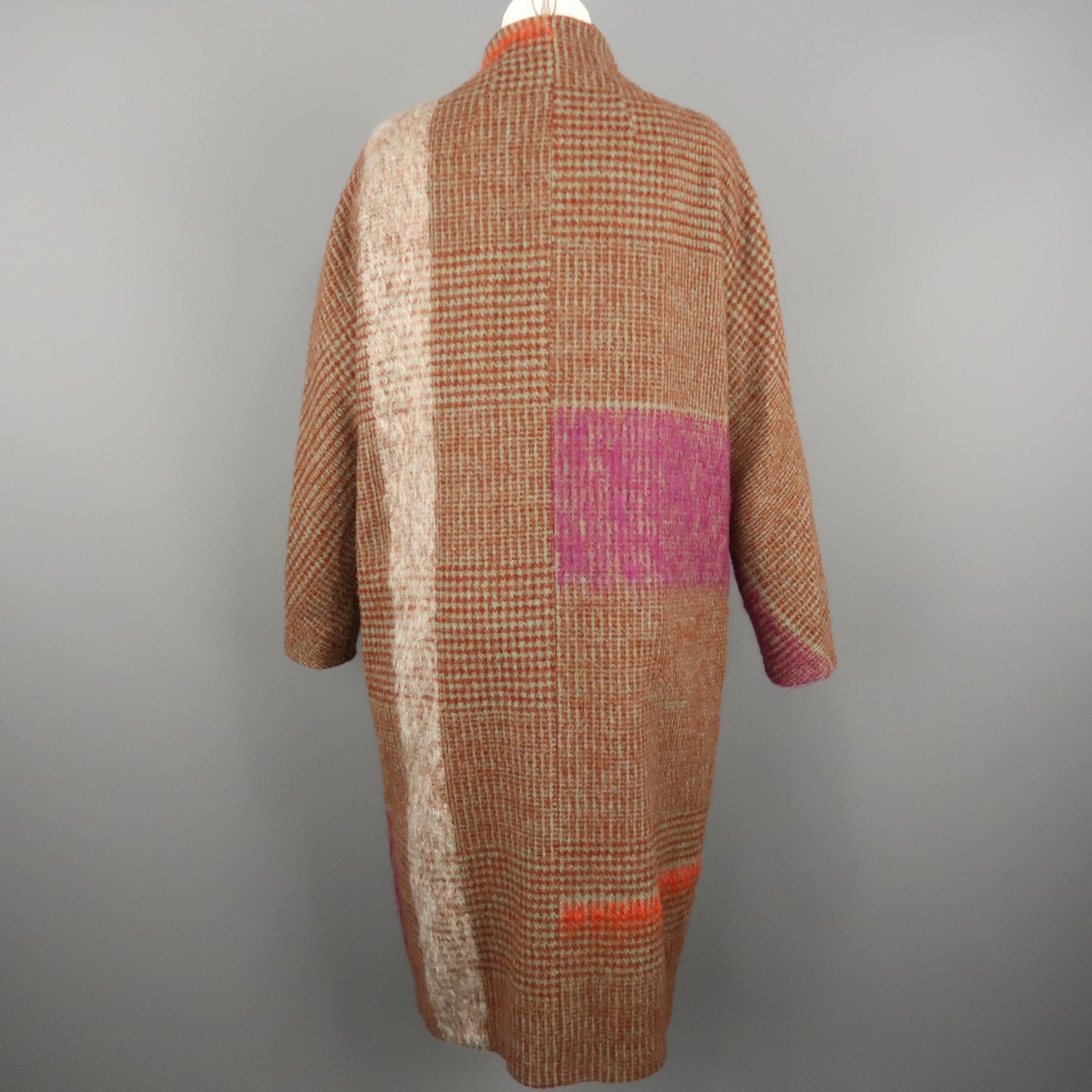 DRIES VAN NOTEN Size S Rust Houndstooth Color Block Wool / Mohair Coat 1
