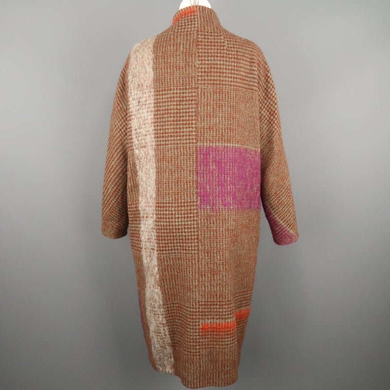 DRIES VAN NOTEN Size S Rust Houndstooth Color Block Wool / Mohair Coat