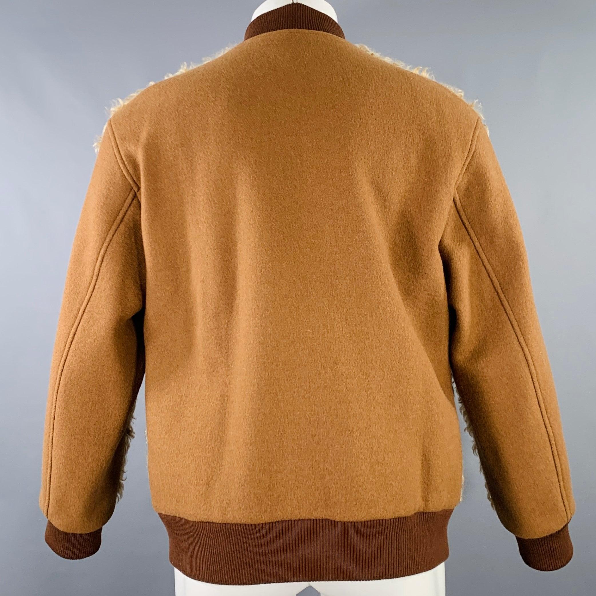 Men's DRIES VAN NOTEN Size S Tan Brown Shaggy Faux Shearling Bomber Jacket For Sale